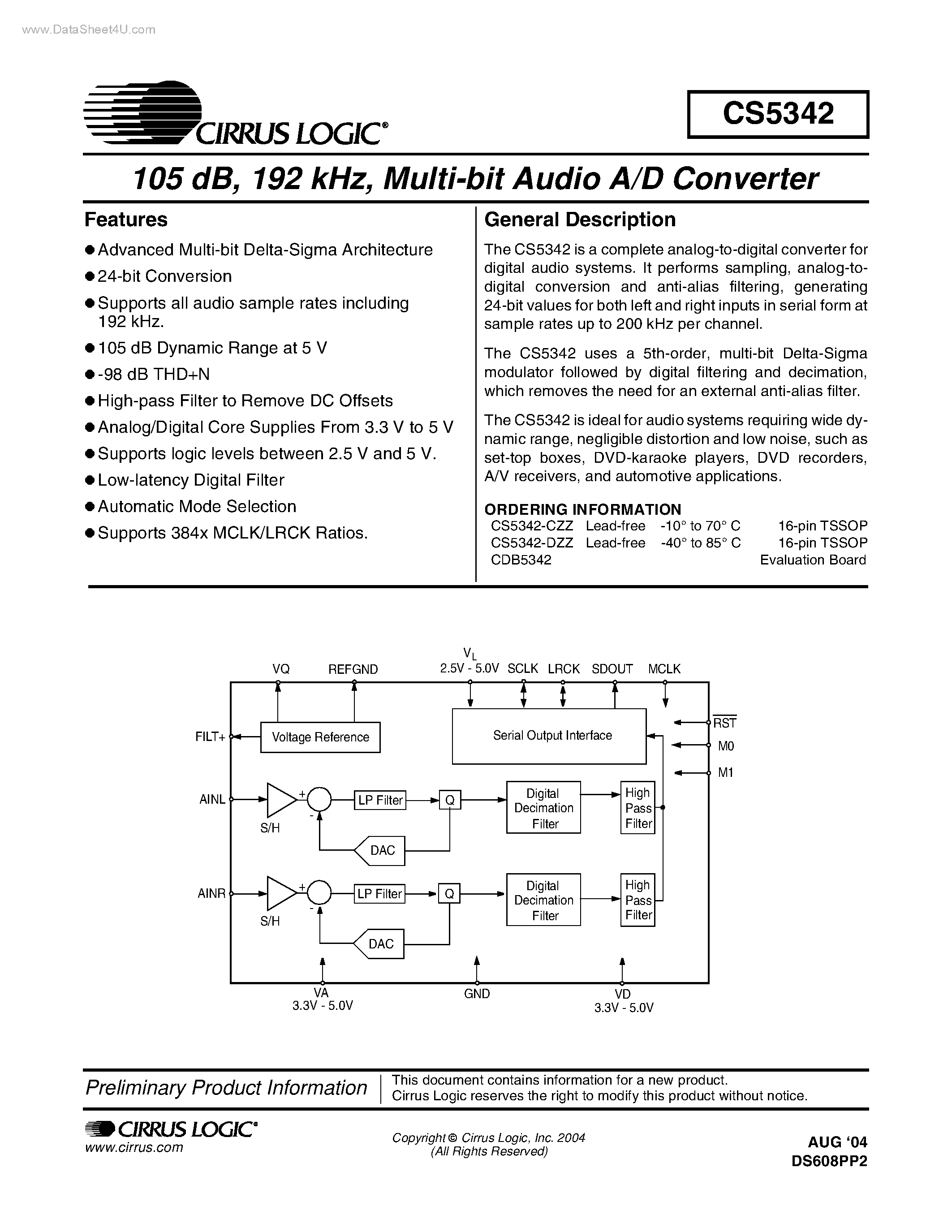 Datasheet CDB5342 - MULTI-BIT AUDIO A/D CONVERTER page 1