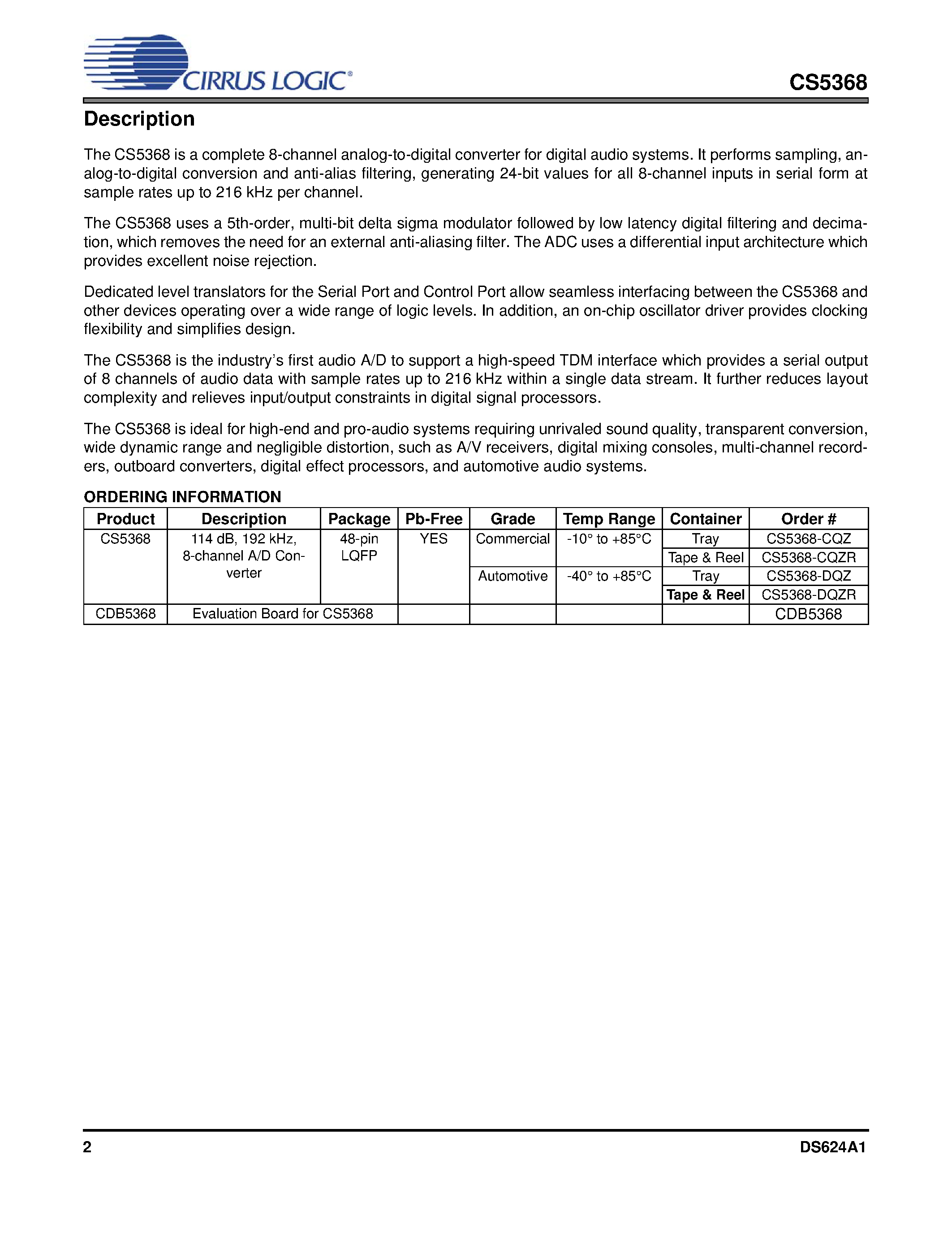 Datasheet CDB5368 - 8-Channel A/D Converter page 2