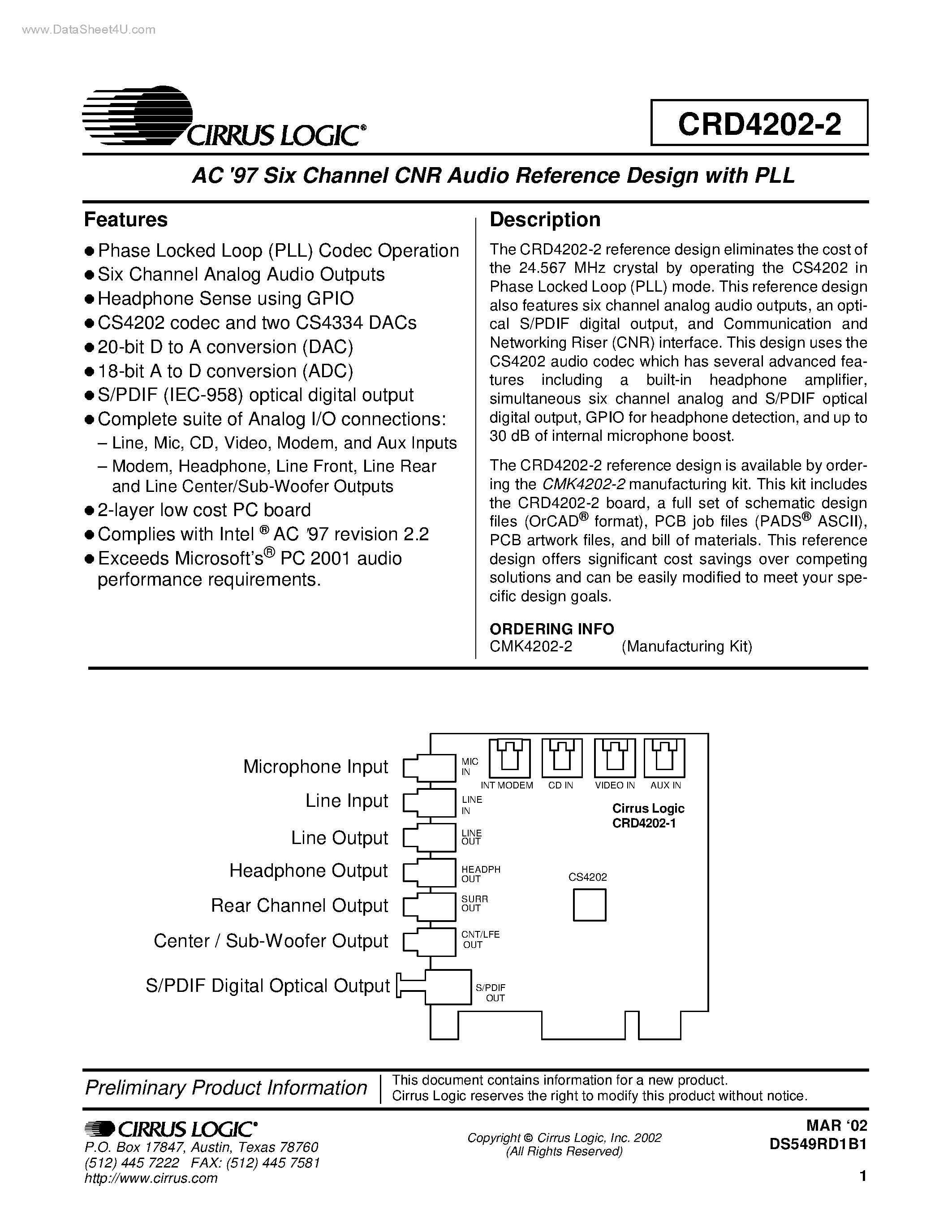 Datasheet CRD4202-2 - AC 97 Six Channel CNR Audio Reference Design page 1