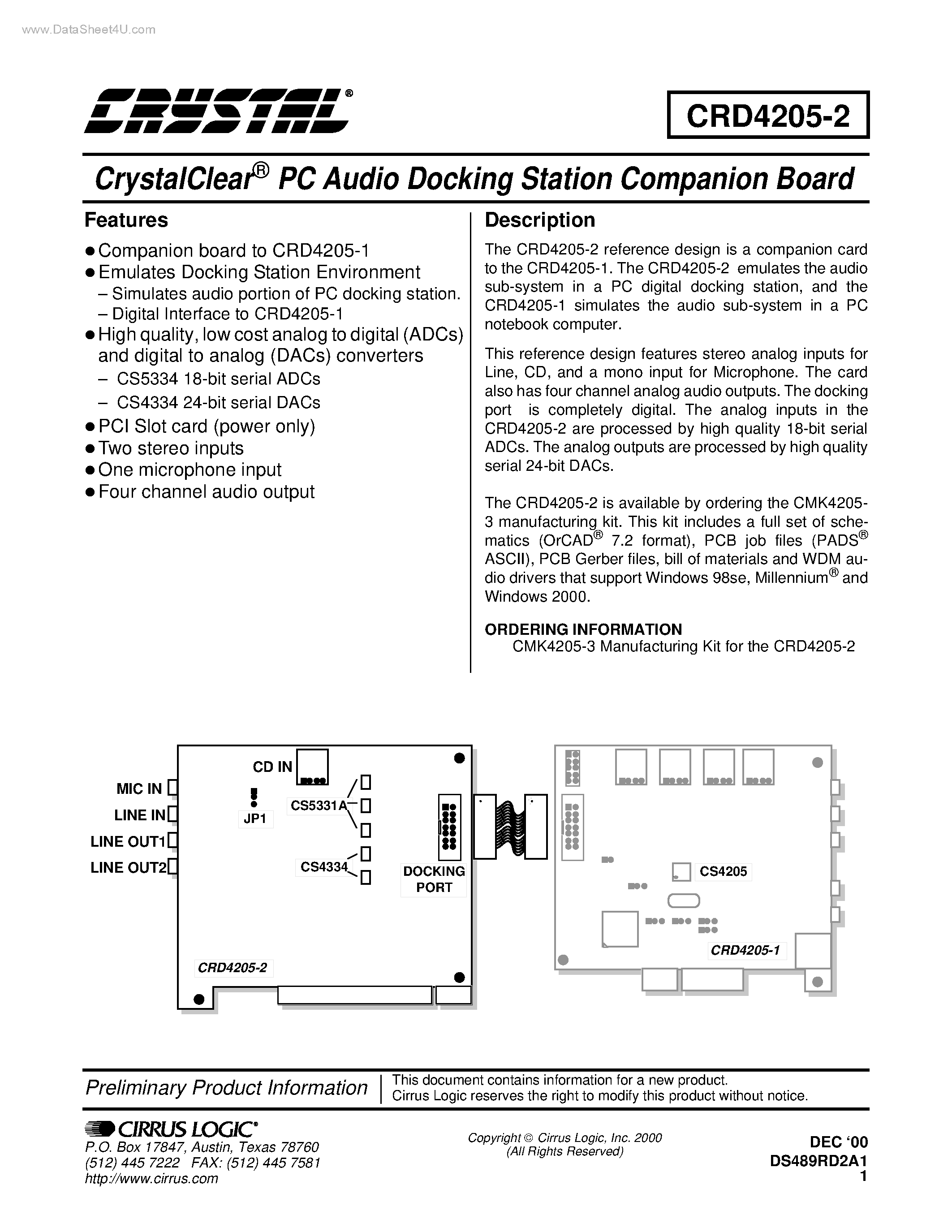 Datasheet CRD4205-2 - PC Audio Docking Station Companion Board page 1