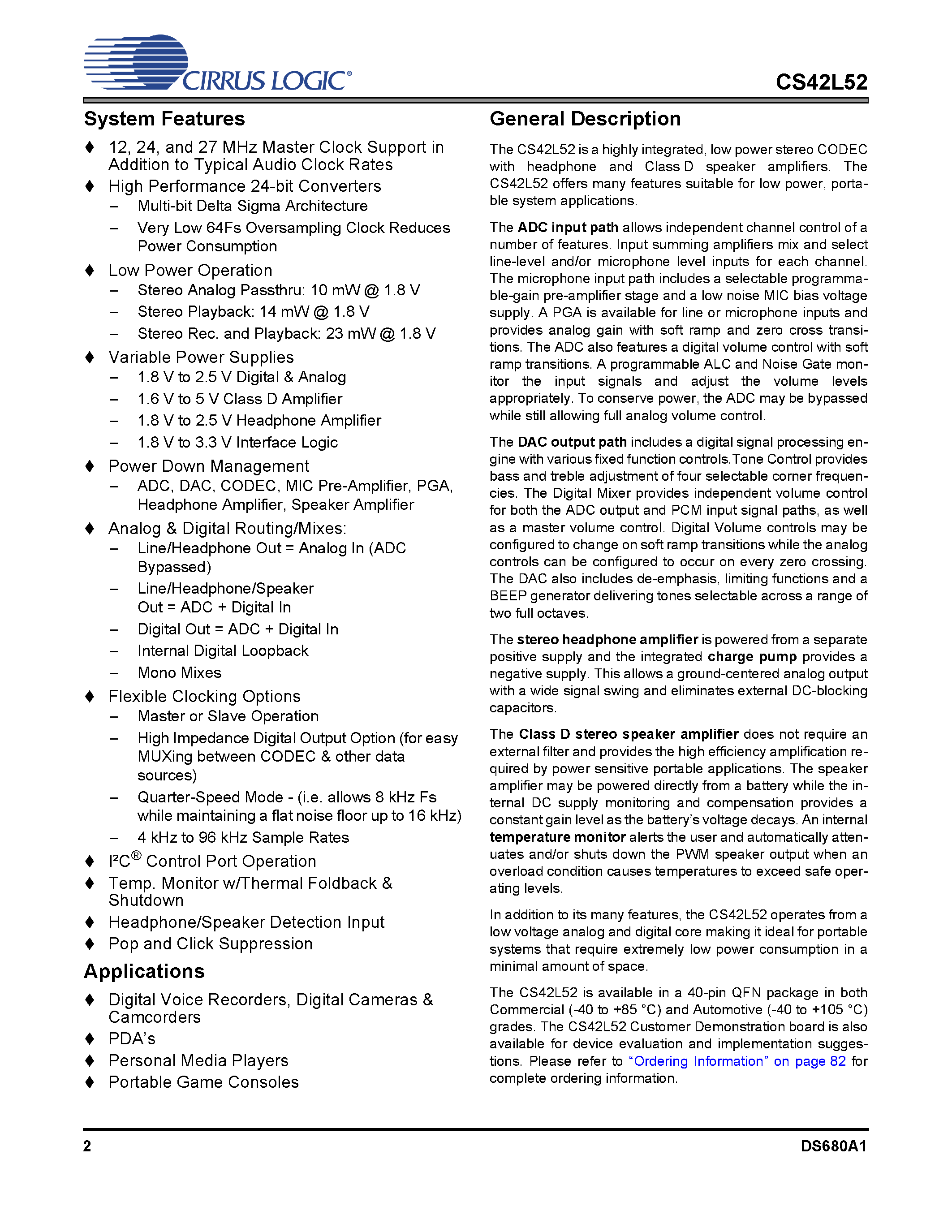 Datasheet CRD42L52 page 2 Datasheet CRD42L52 - Stereo CODEC w/Headphone & Speaker Amps page 2