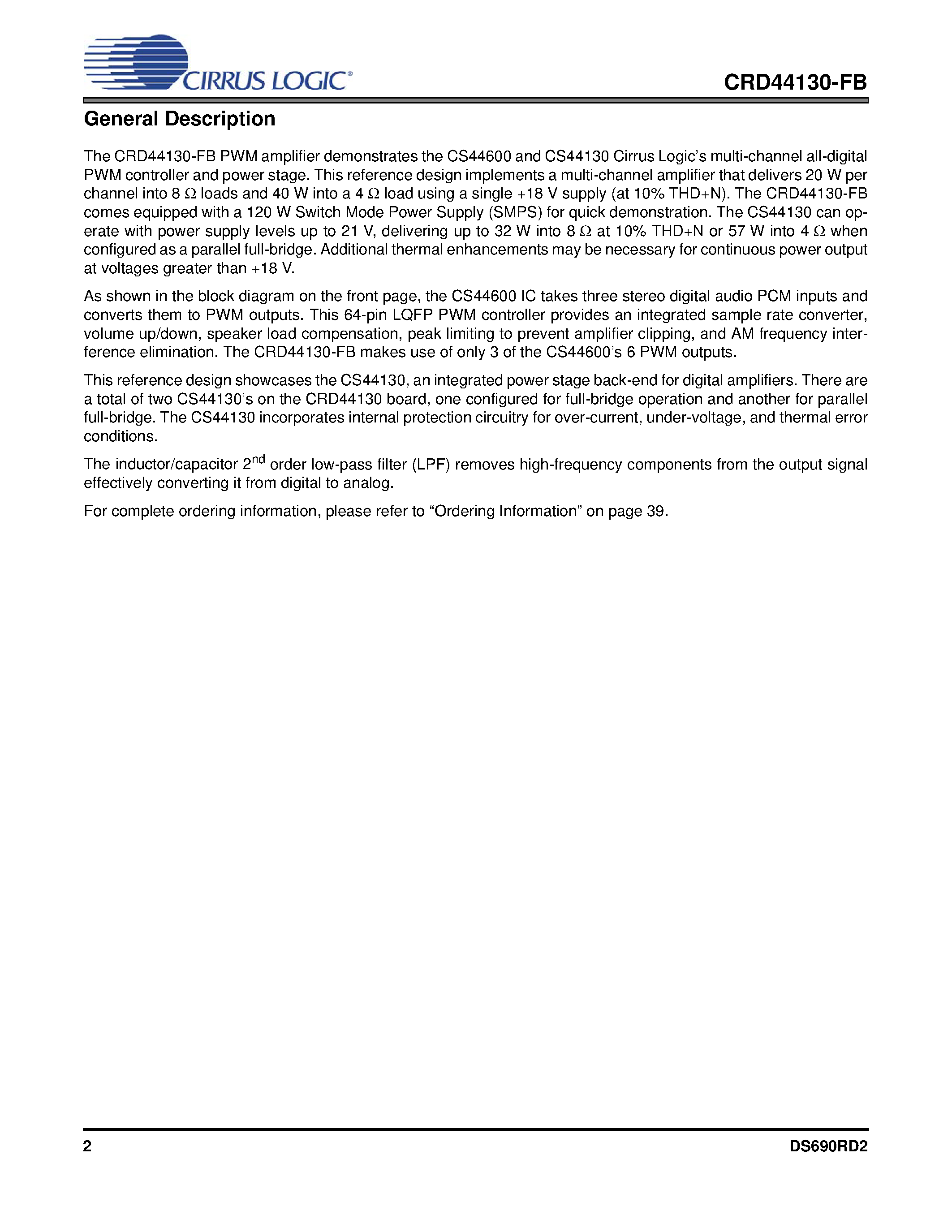 Datasheet CRD44130-FB - 20 W x 2 + 40 W x 1 PWM Amplifier Reference Design page 2
