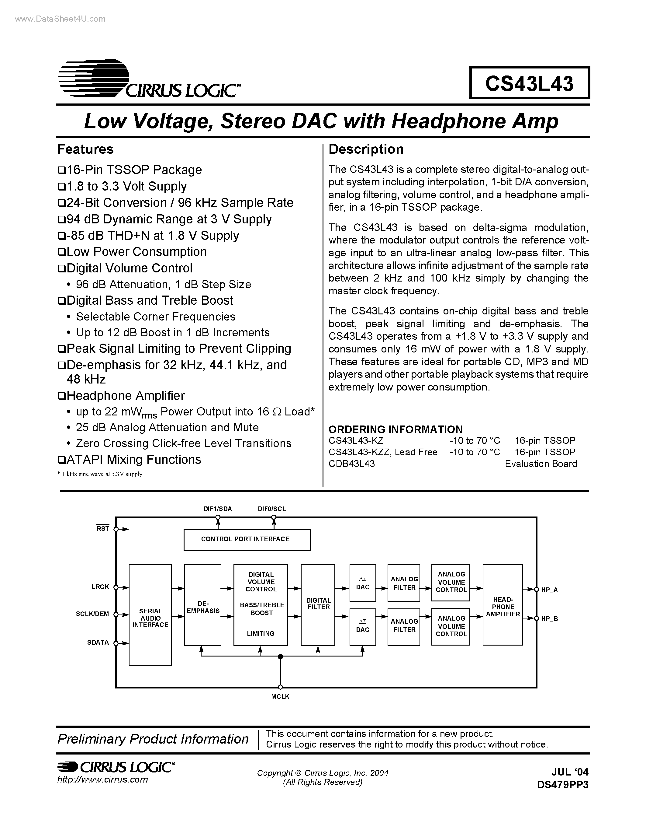 Даташит CS43L43 - Stereo DAC страница 1