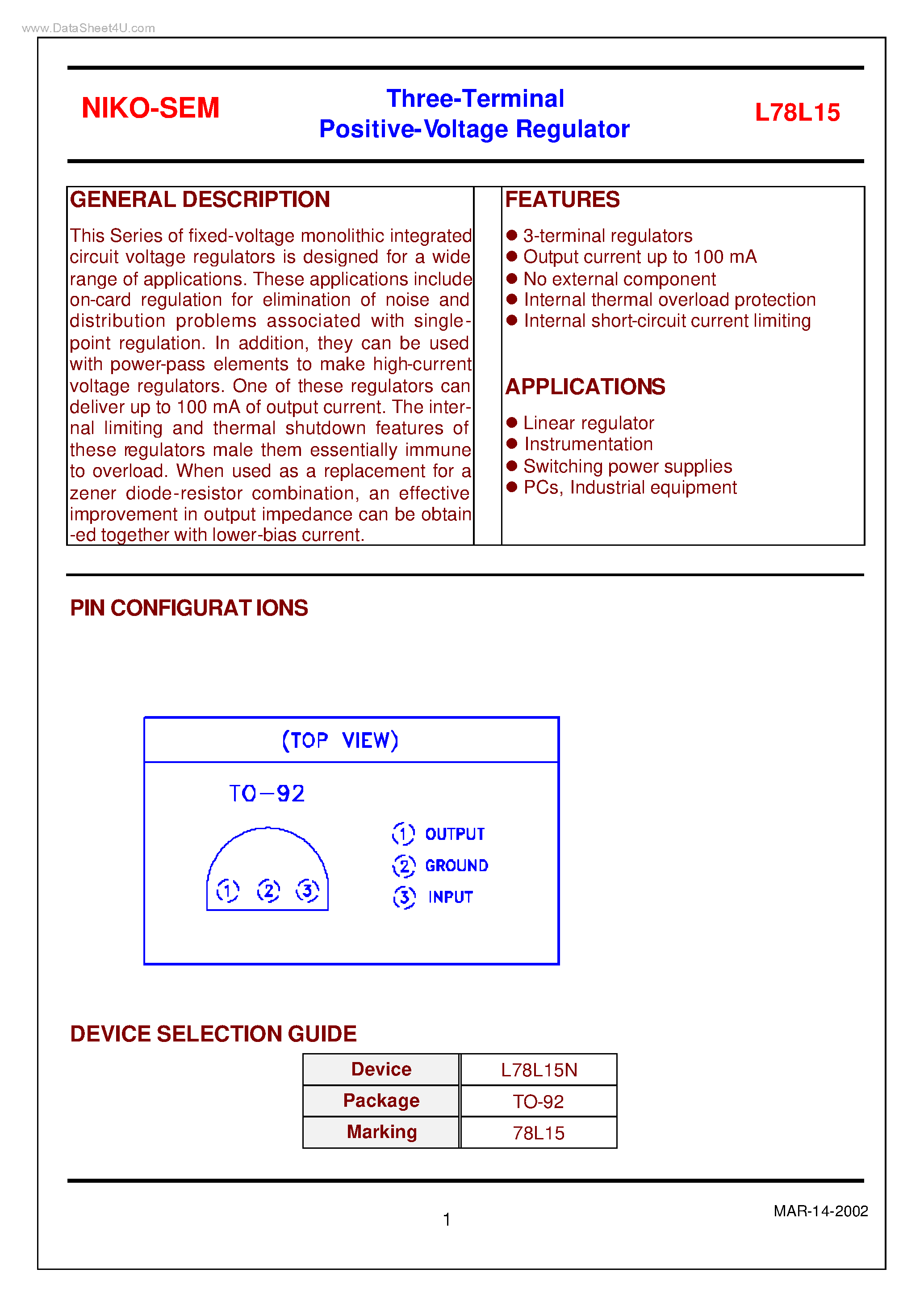 Даташит на микросхему L78L15 страница 1 Даташит L78L15 - Three-Terminal Positive-Voltage Regulator страница 1