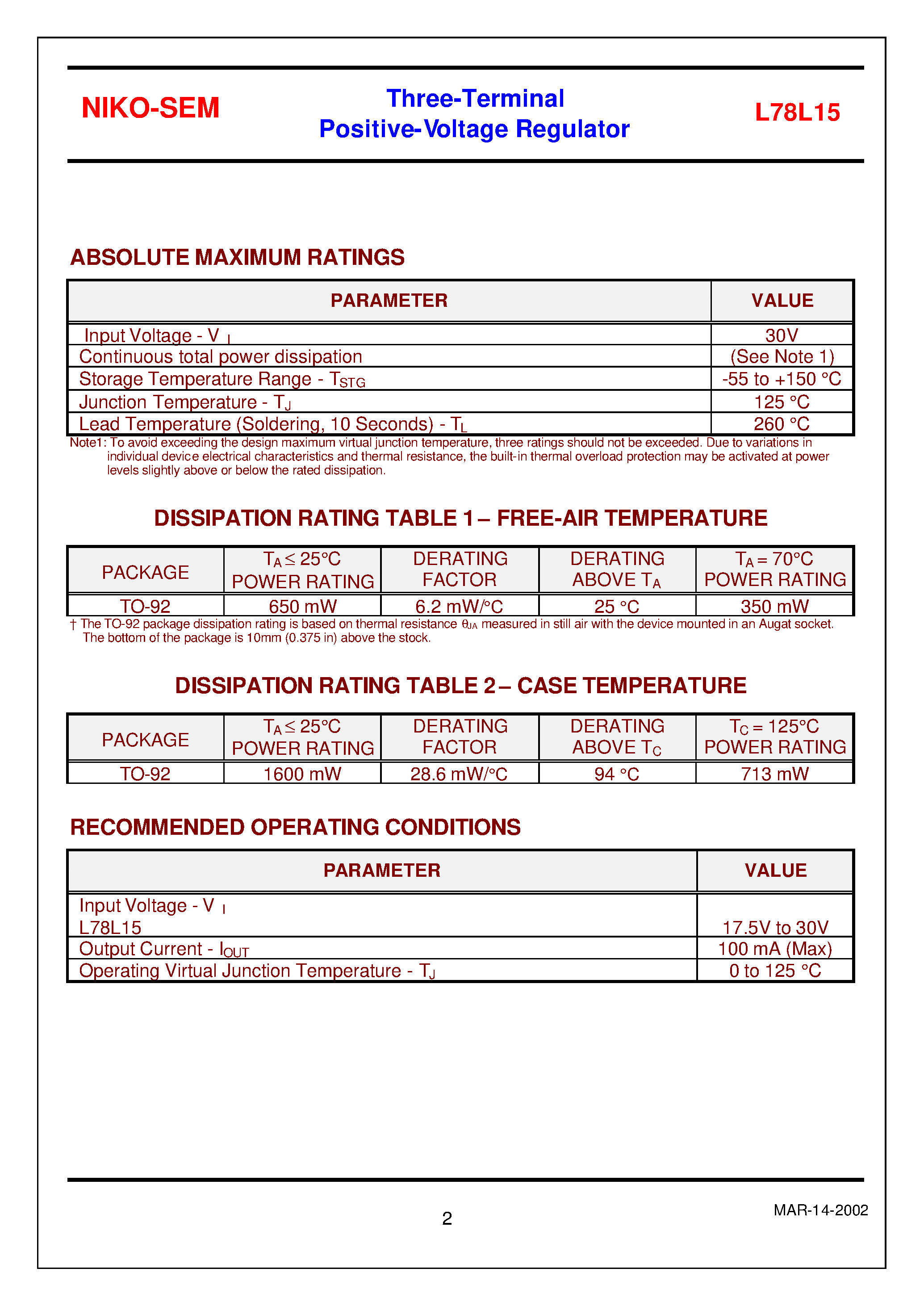 Даташит на микросхему L78L15 страница 2 Даташит L78L15 - Three-Terminal Positive-Voltage Regulator страница 2