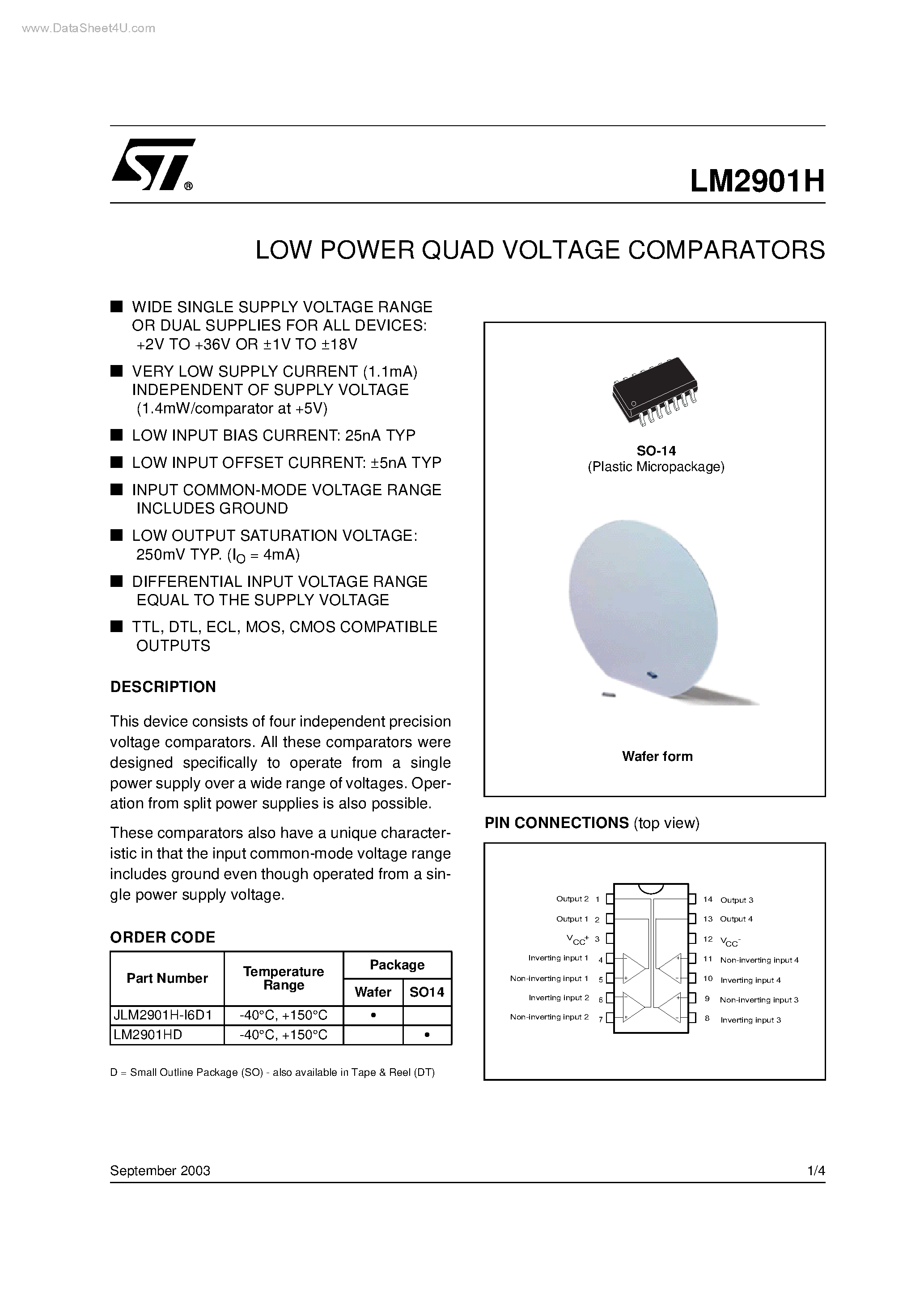 Datasheet LM2901H - LOW POWER QUAD VOLTAGE COMPARATORS page 1