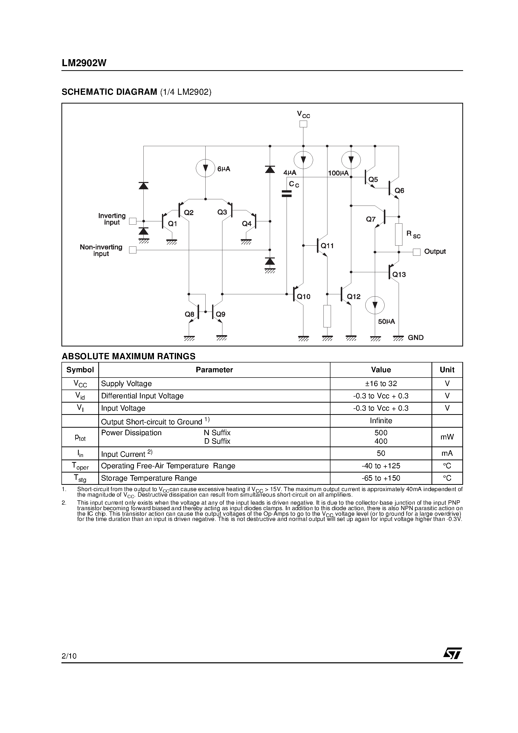 Datasheet LM2902W - LOW POWER QUAD OPERATIONAL AMPLIFIER page 2