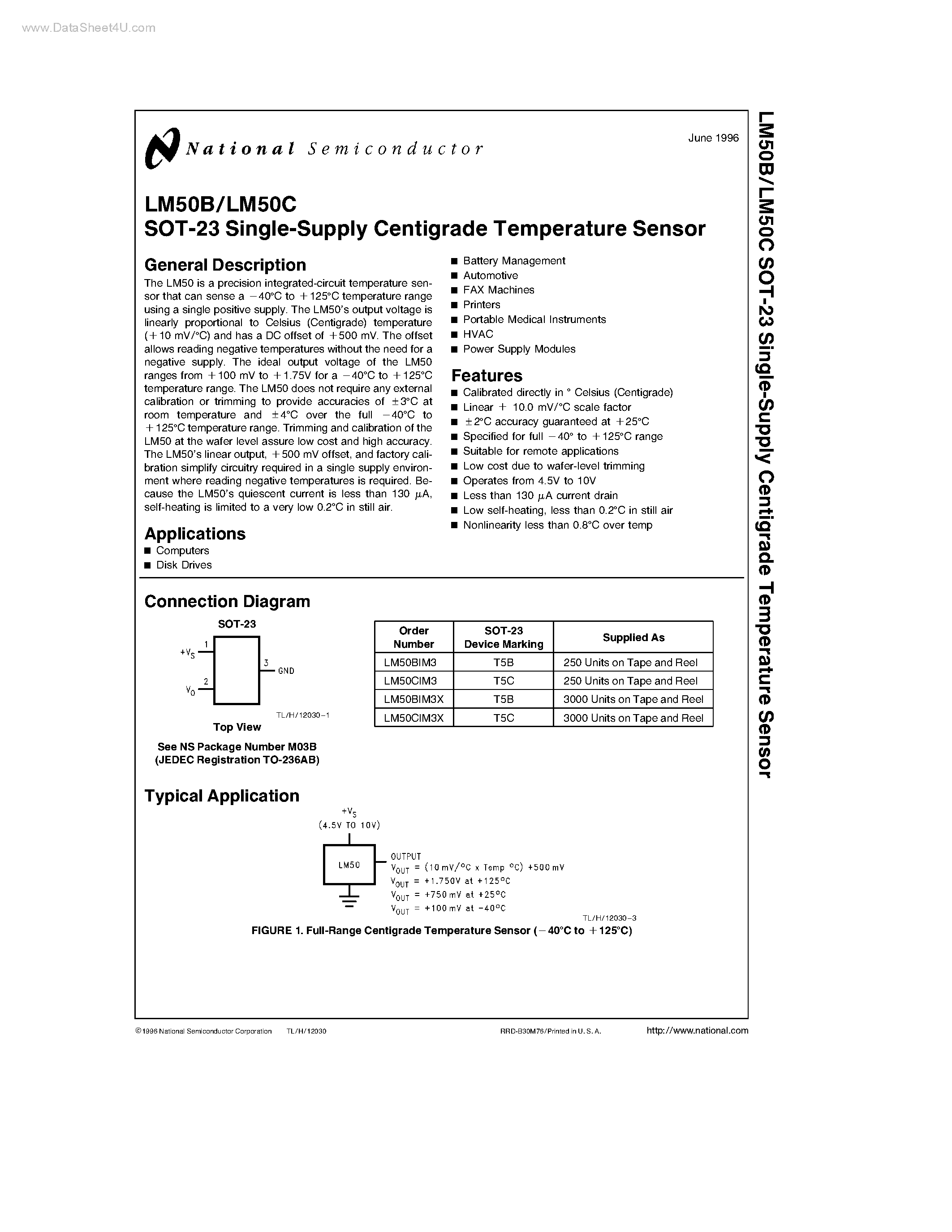 Даташит LM50B - (LM50B / LM50C) SOT-23 Single-Supply Centigrade Temperature Sensor страница 1