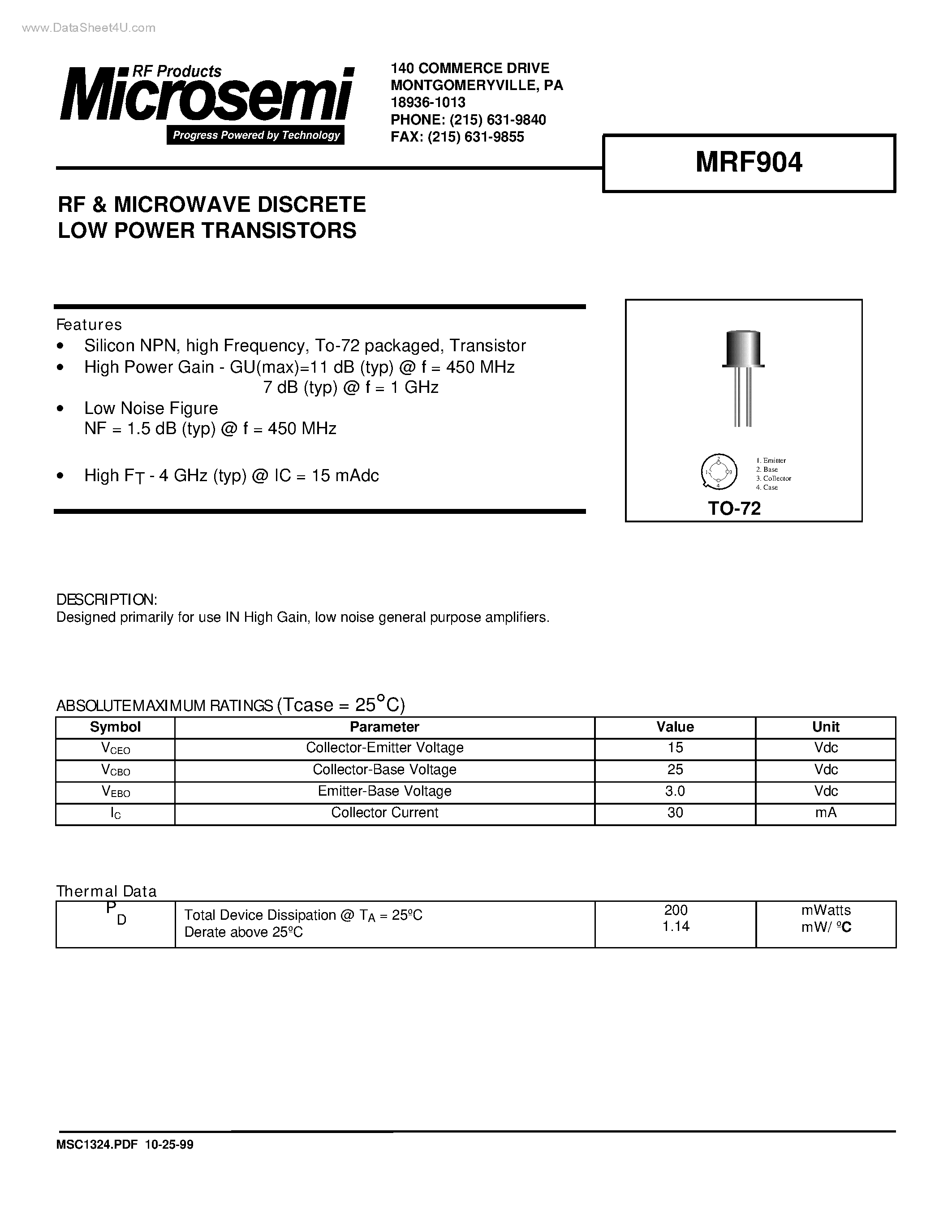 Datasheet MRF904 - RF & MICROWAVE DISCRETE LOW POWER TRANSISTORS page 1