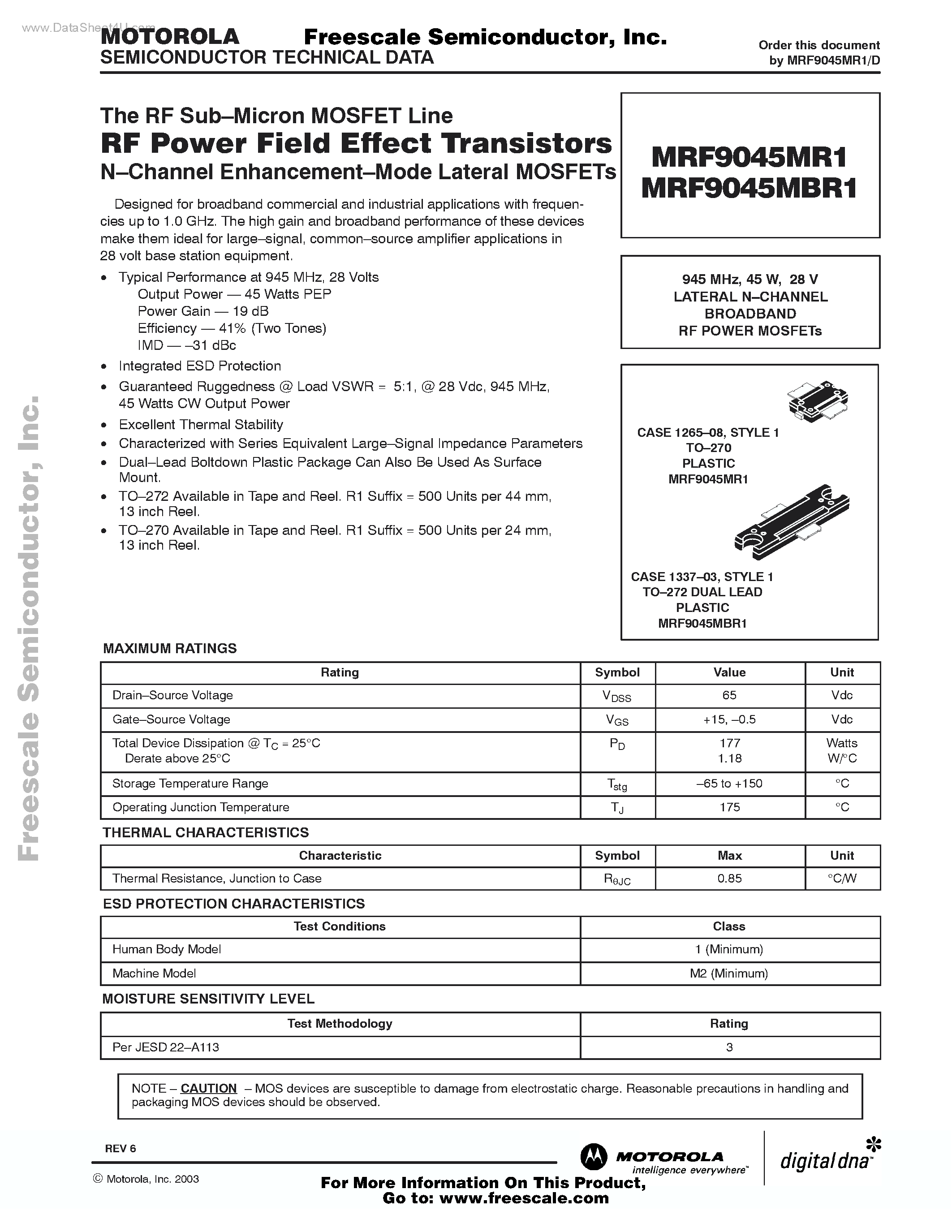 Datasheet MRF9045MBR1 - RF POWER FIELD EFFECT TRANSISTORS page 1