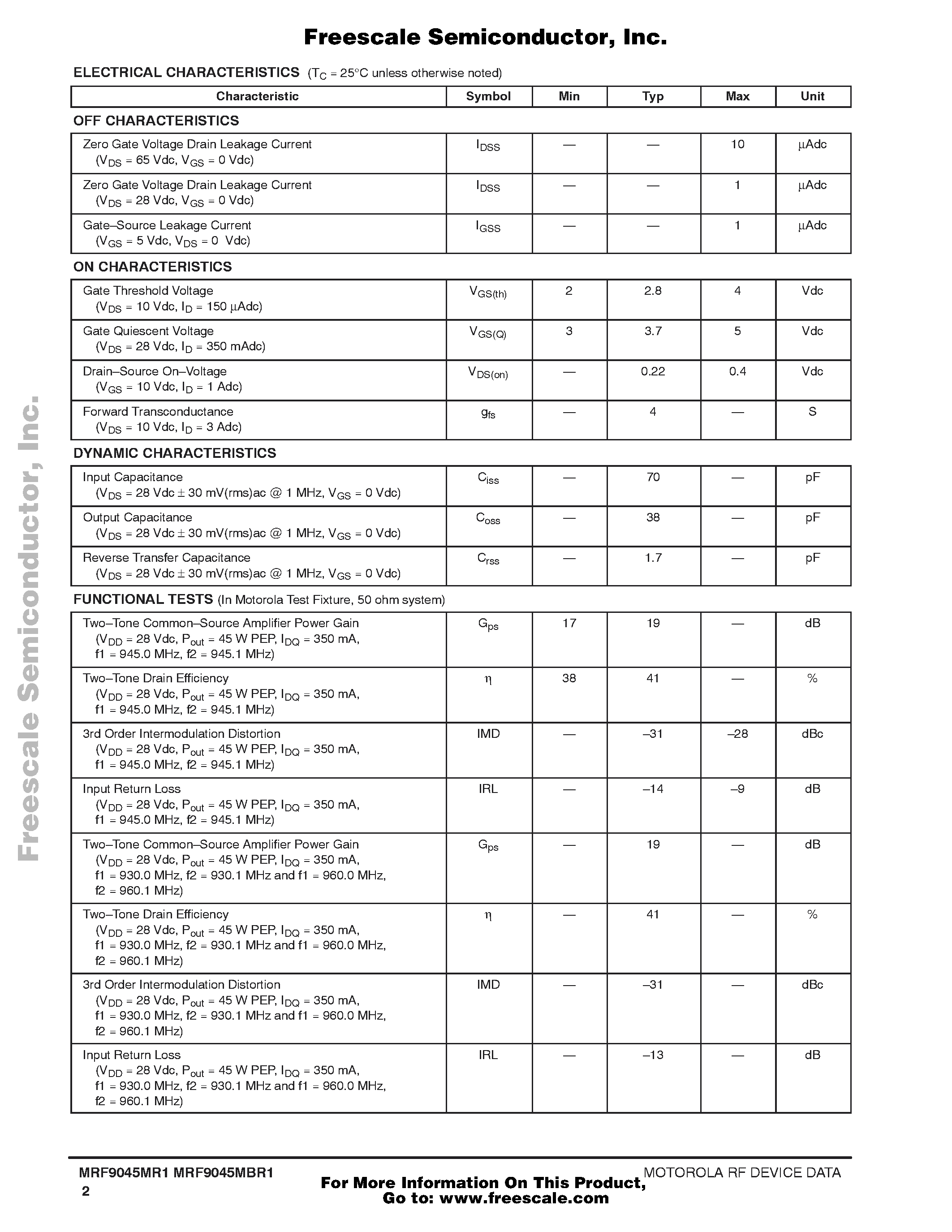 Datasheet MRF9045MBR1 - RF POWER FIELD EFFECT TRANSISTORS page 2