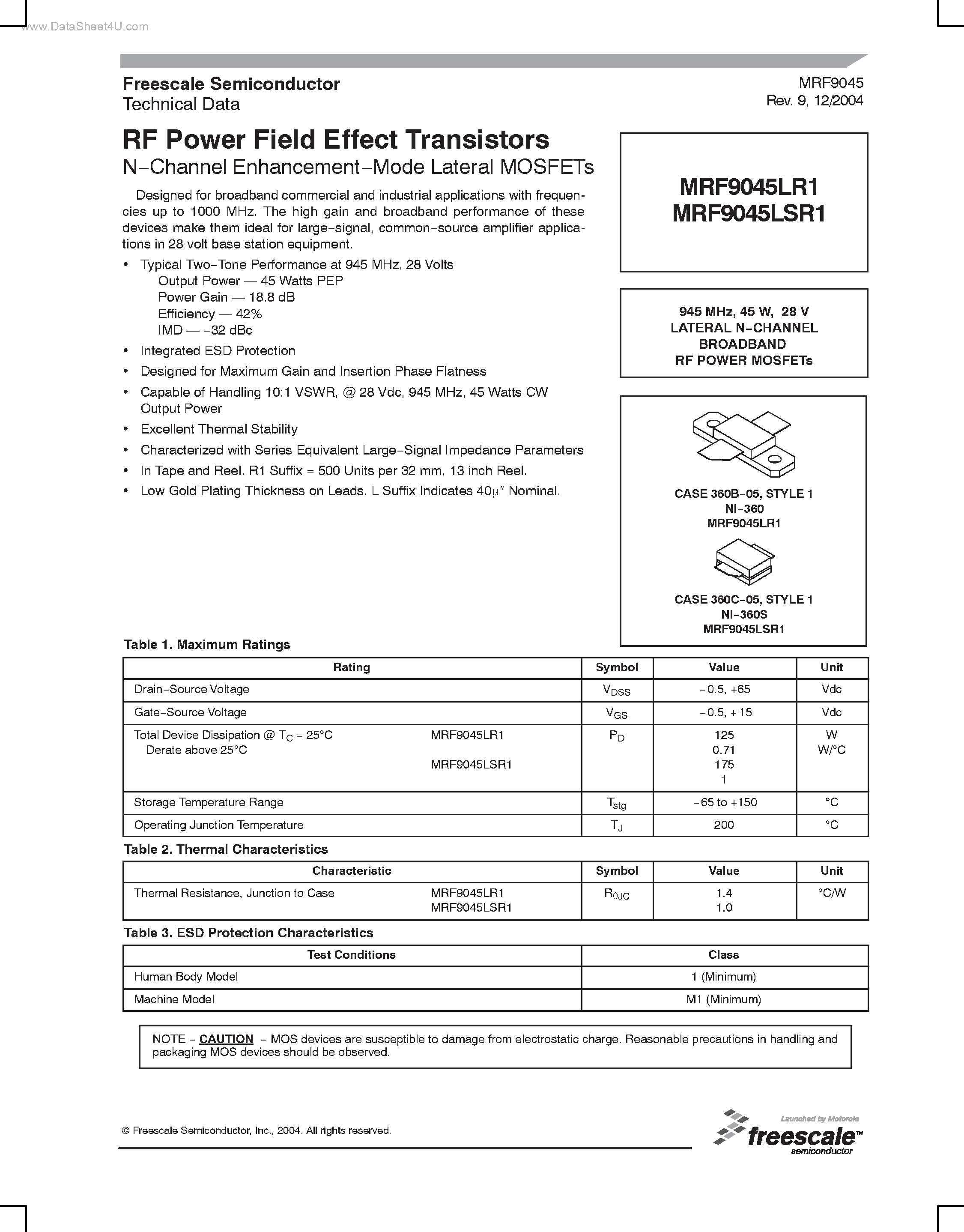 Datasheet MRF9045LR1 - RF Power Field Effect Transistors page 1
