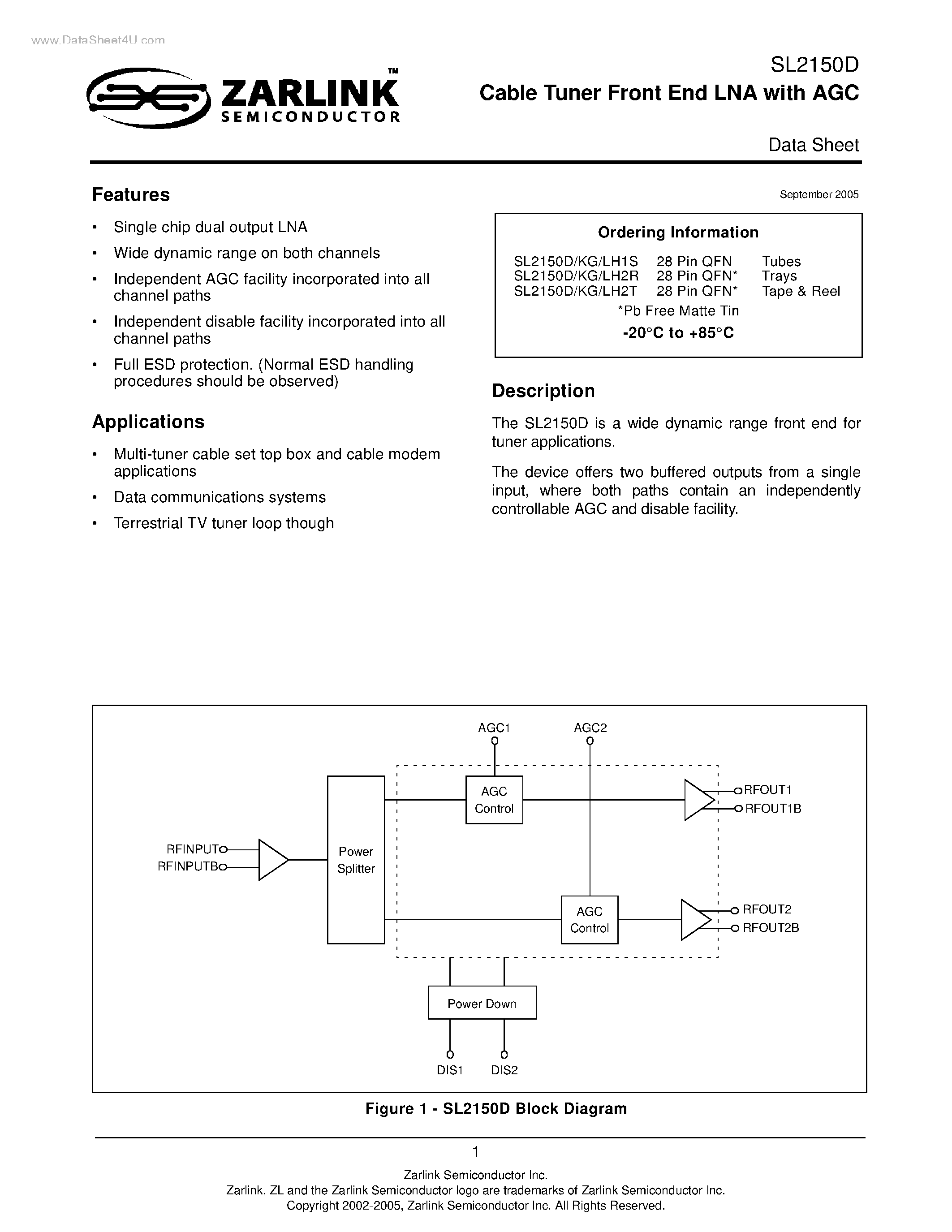 Datasheet SL2150D - Cable Tuner Front End LNA page 1