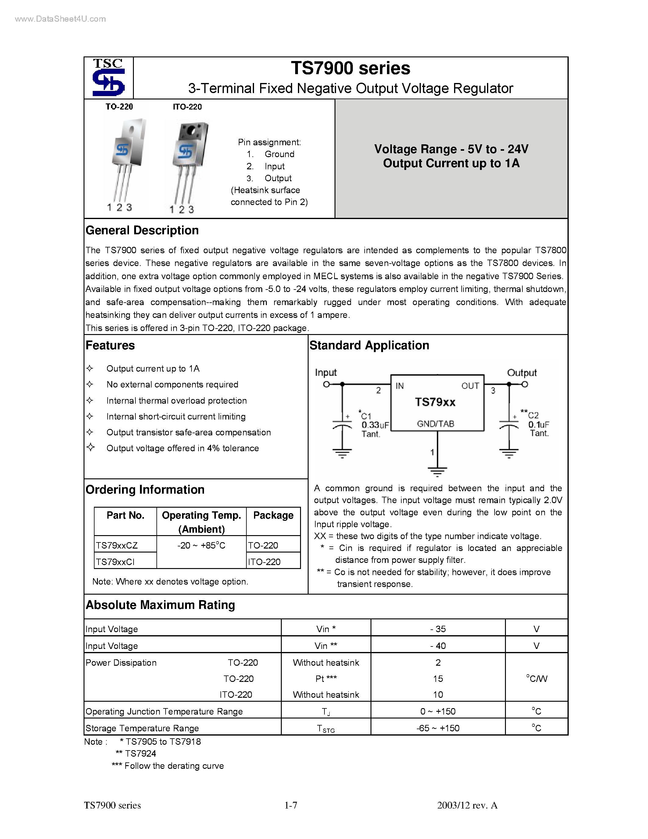 Datasheet TS7900 - (TS7900 Series) 3-Terminal Fixed Negative Output Voltage Regulator page 1