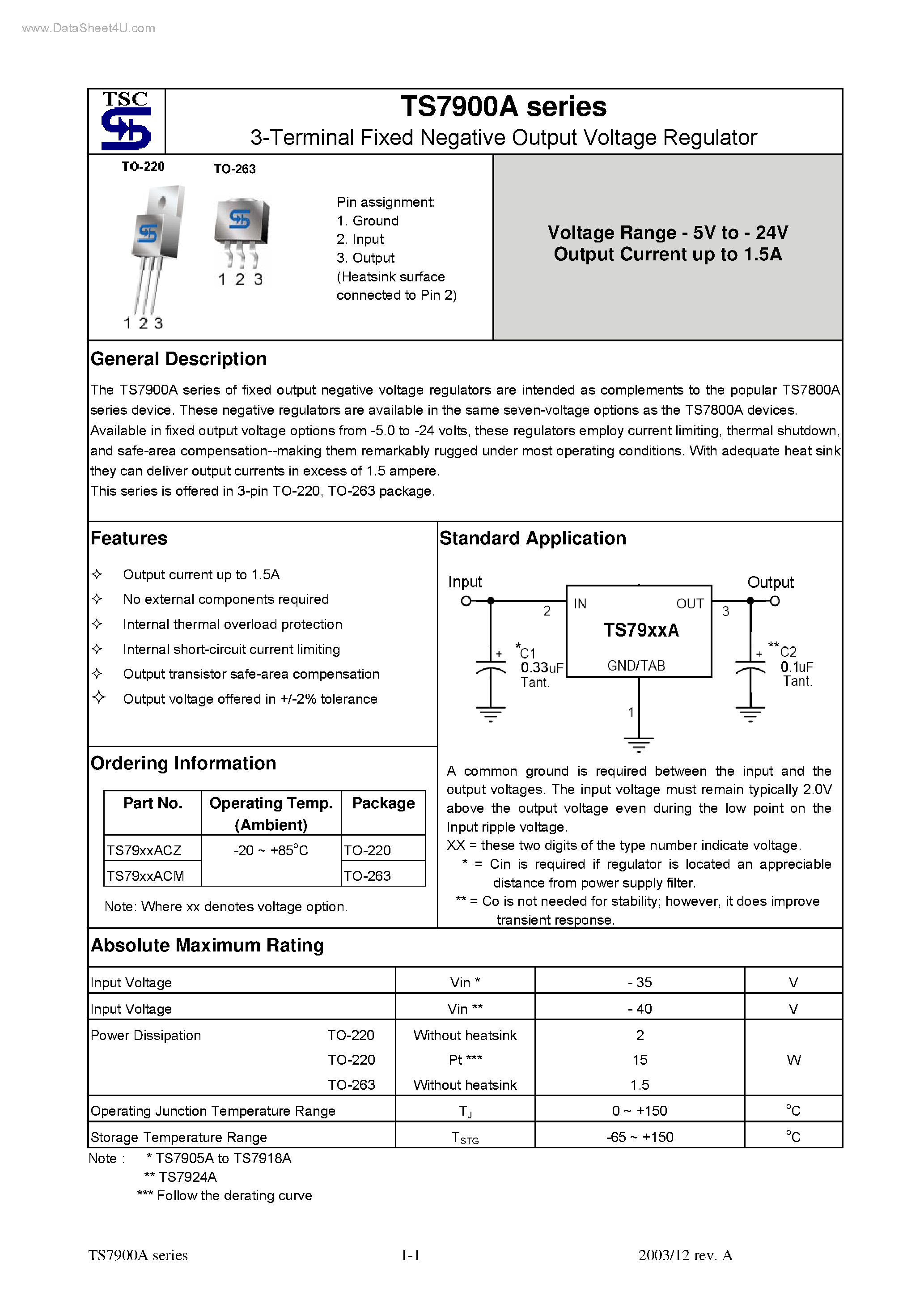 Datasheet TS7900A - (TS7900A Series) 3-Terminal Fixed Negative Output Voltage Regulator page 1