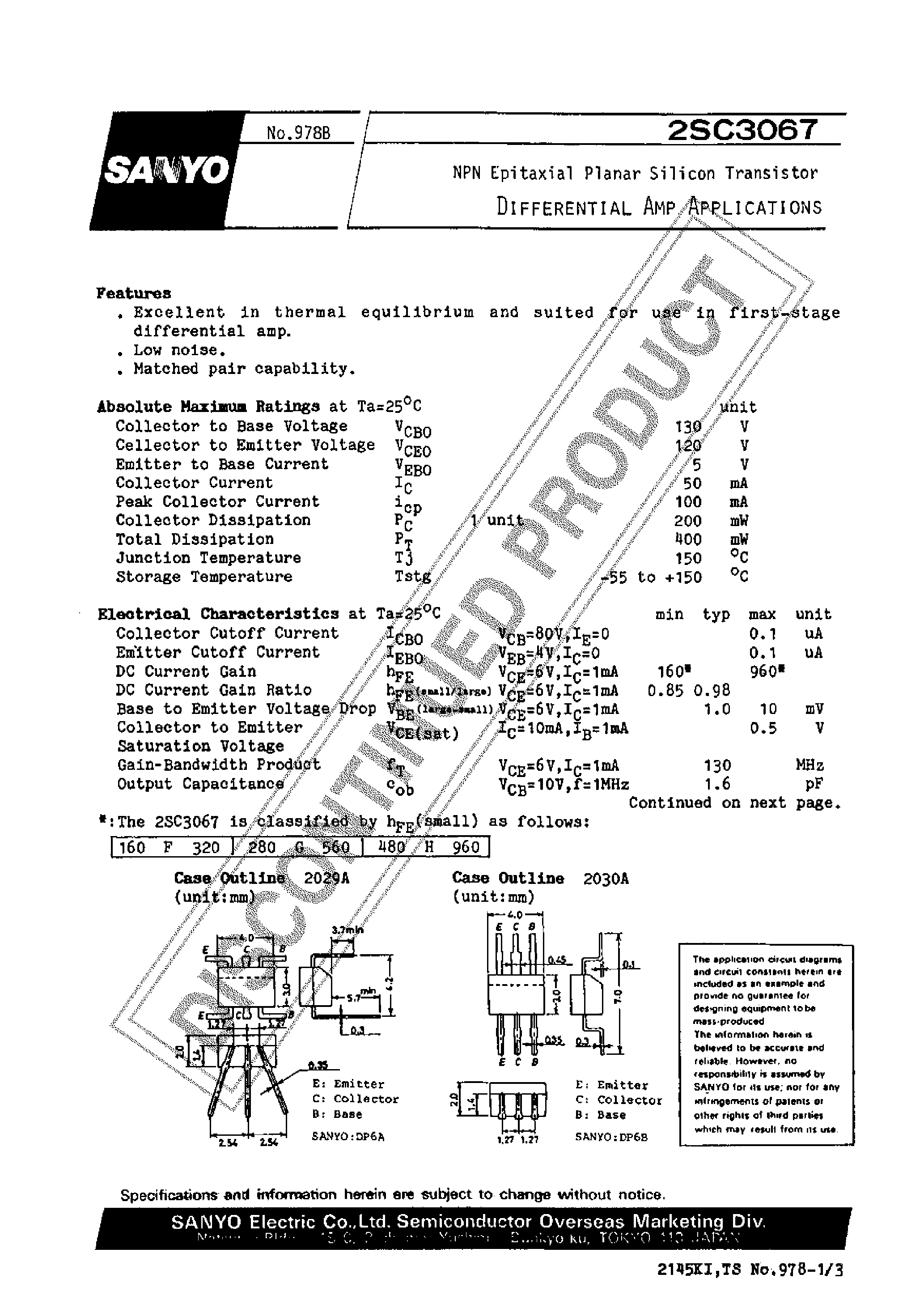 Datasheet 2SC3067 - NPN Epitaxial Planar Silicon Transistor page 1