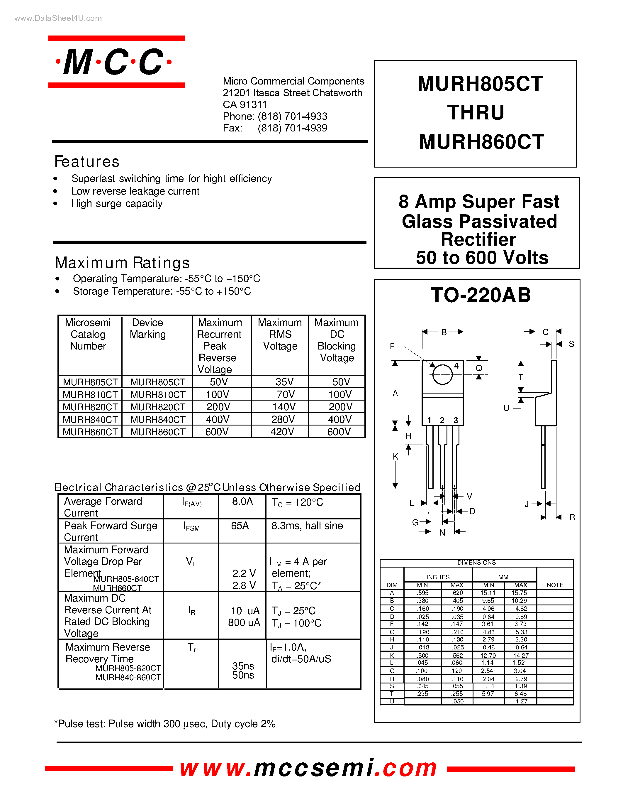 Даташит MURH805CT - (MURH805CT - MURH860CT) Super Fast Glass Passivated Rectifier страница 1