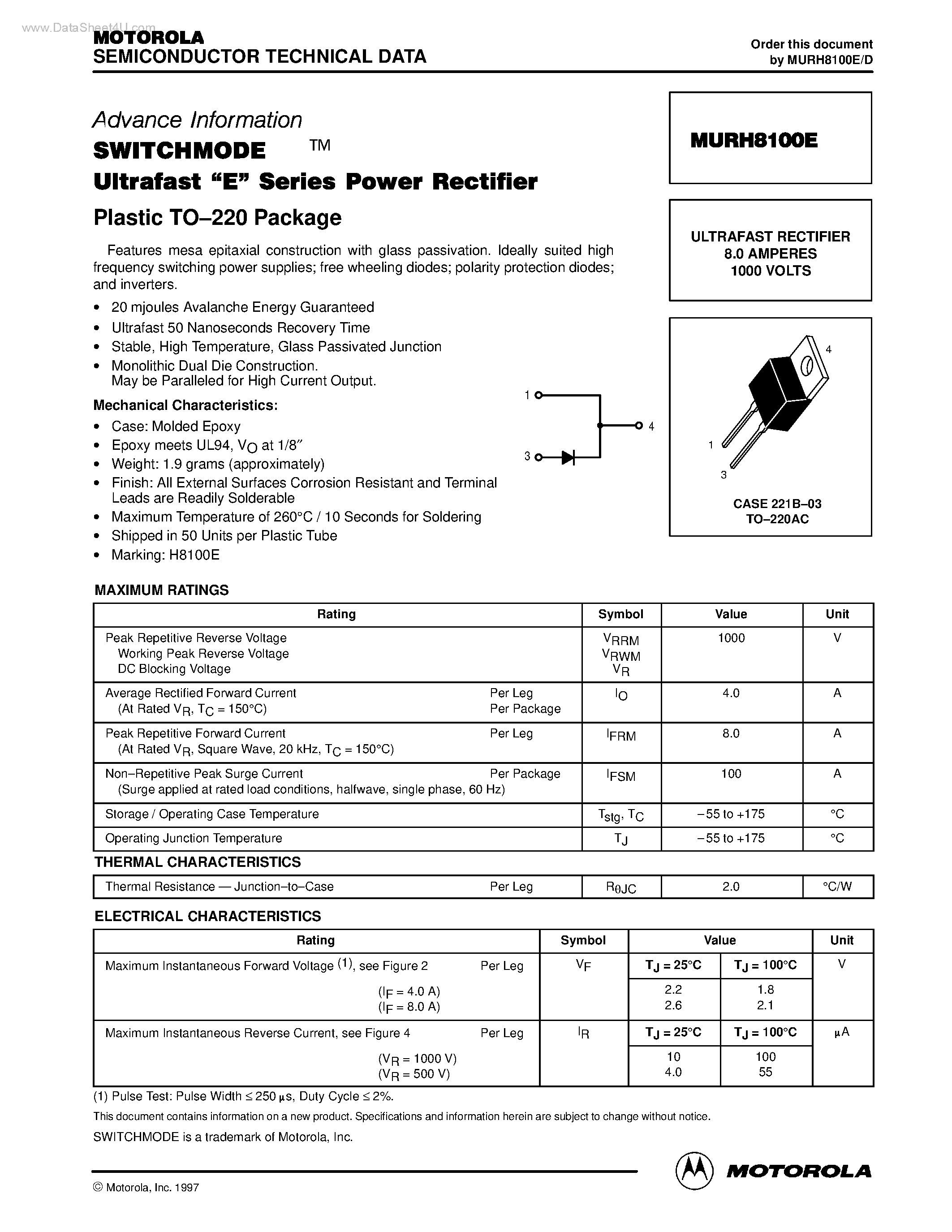 Даташит MURH8100E - ULTRAFAST RECTIFIER страница 1