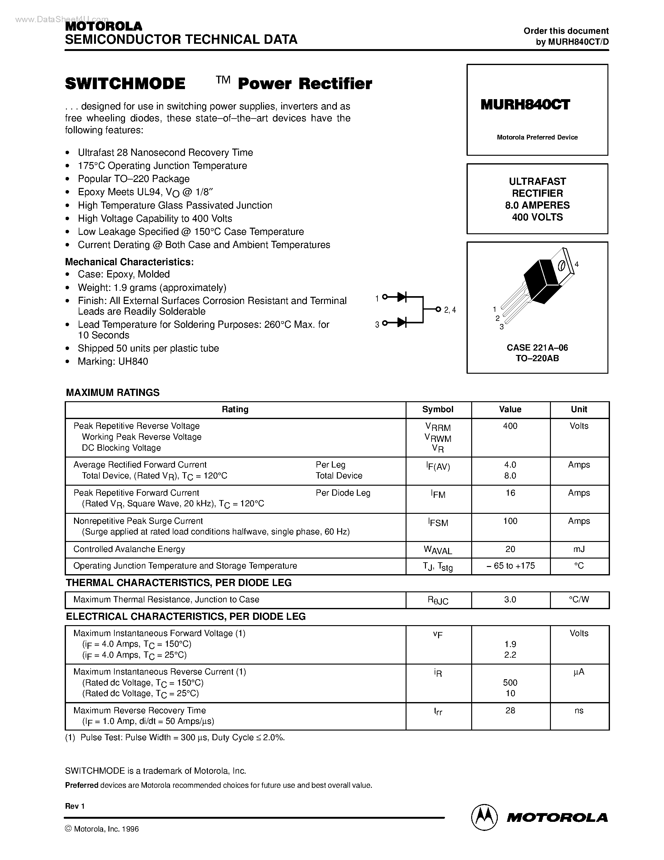 Даташит MURH840CT - ULTRAFAST RECTIFIER страница 1