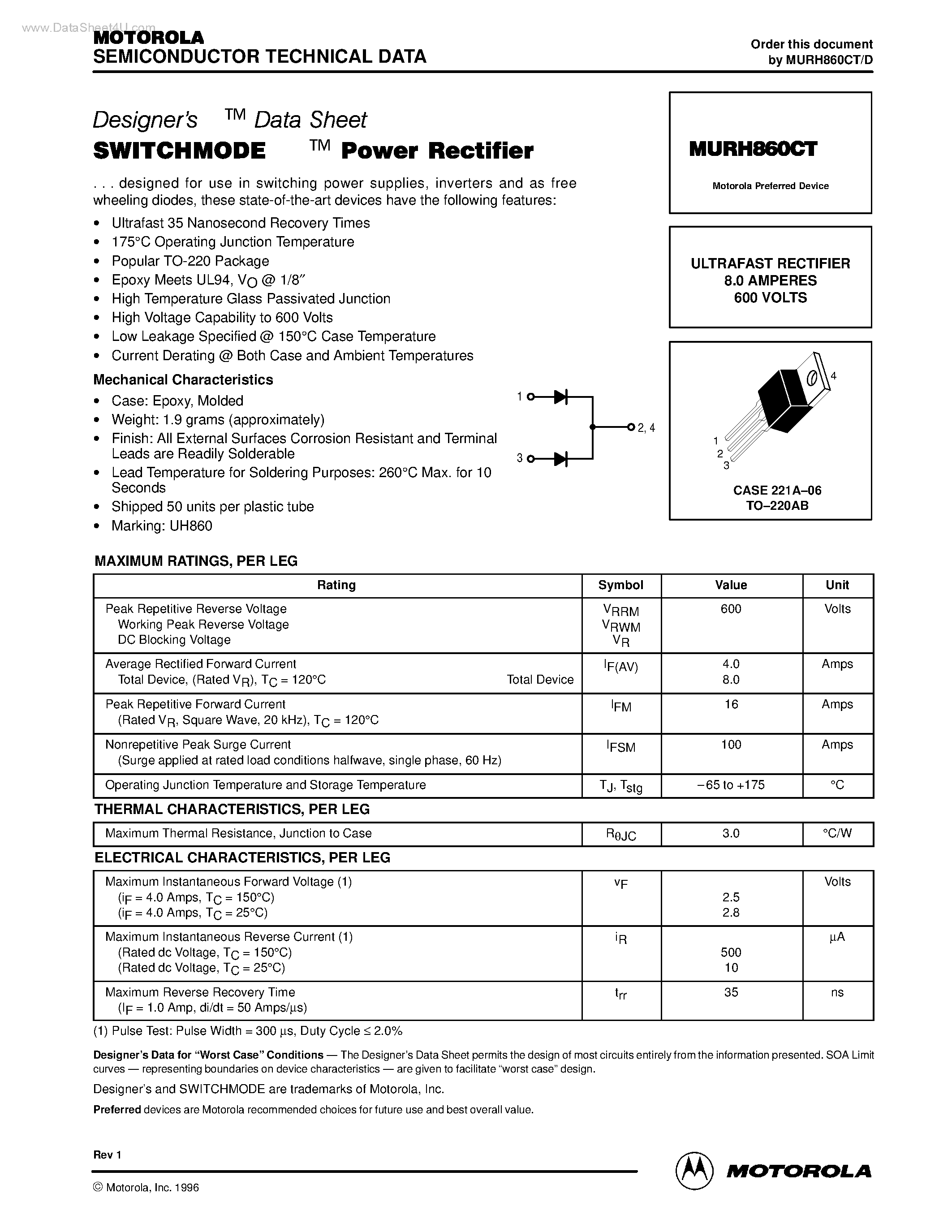 Даташит MURH860CT - ULTRAFAST RECTIFIER страница 1