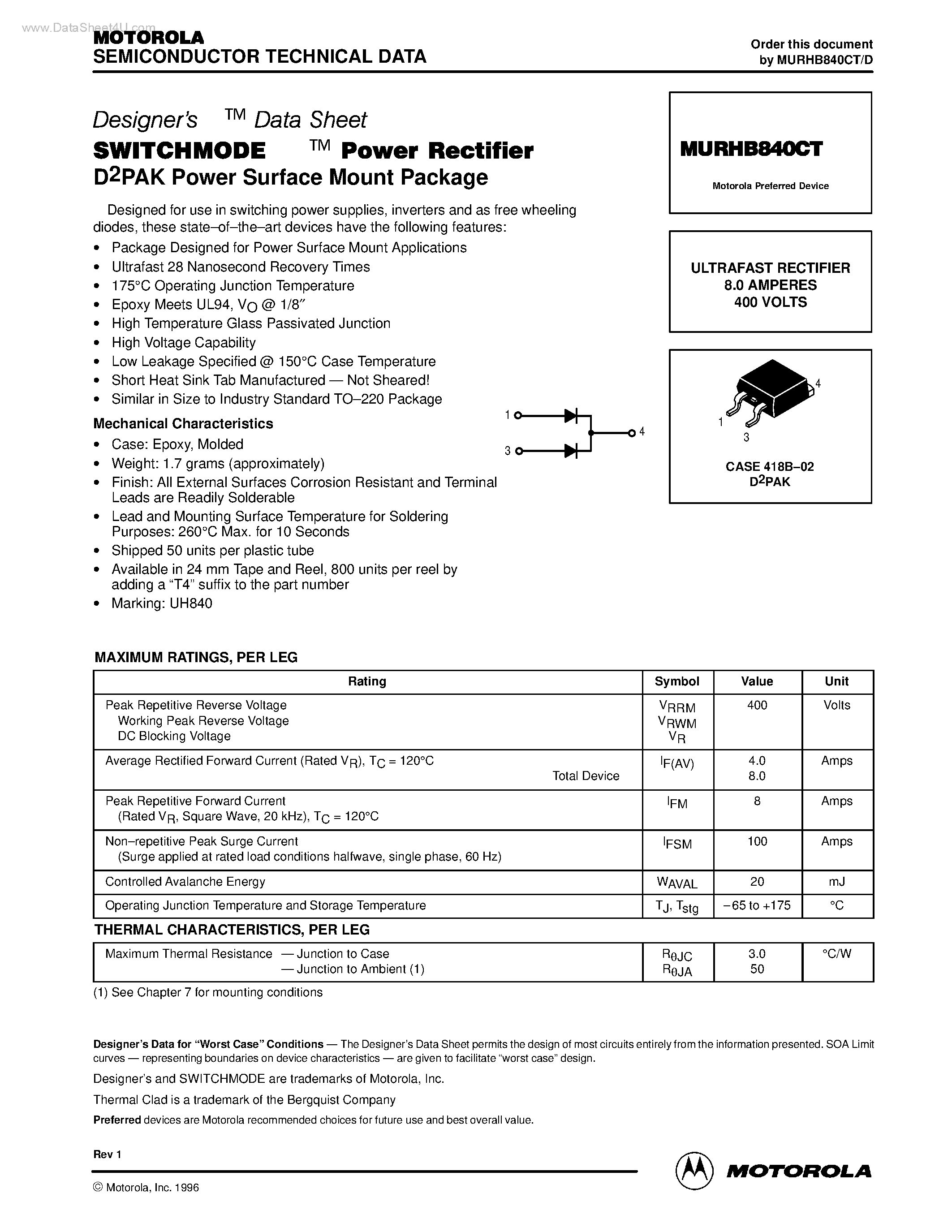 Даташит MURHB840CT - ULTRAFAST RECTIFIER страница 1