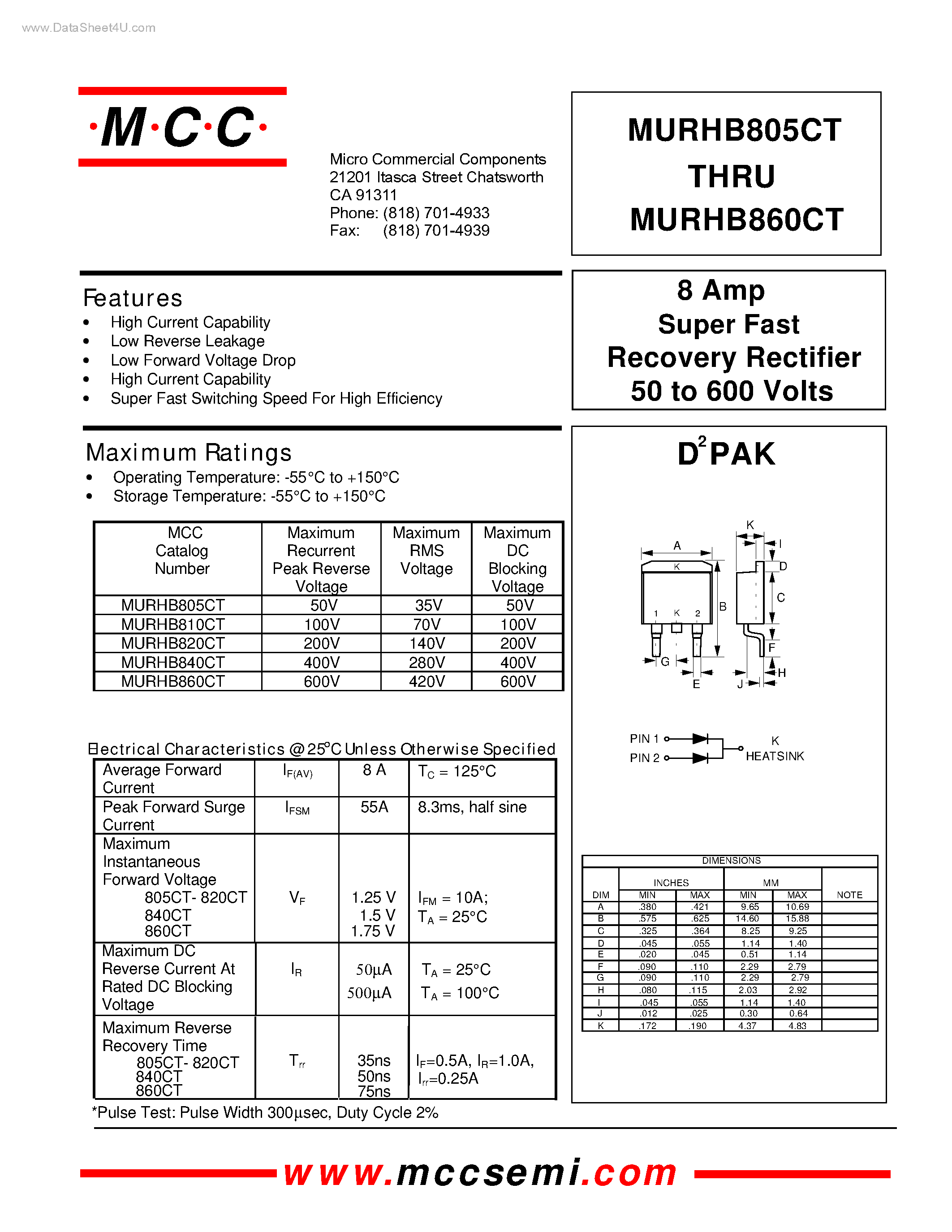 Даташит MURHB805CT - (MURHB805CT - MURHB860CT) Super Fast Recovery Rectifier страница 1