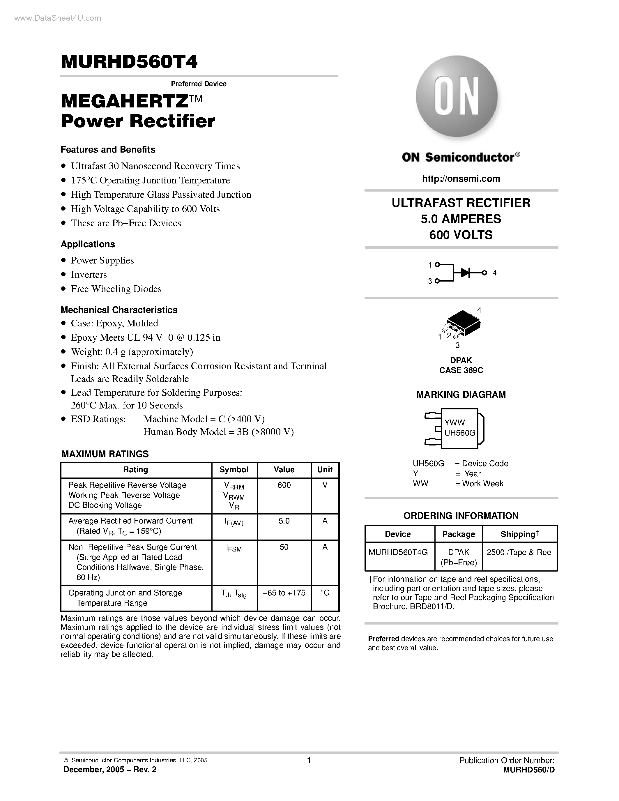 Даташит MURHD560T4 - MEGAHERTZ TM Power Rectifier страница 1