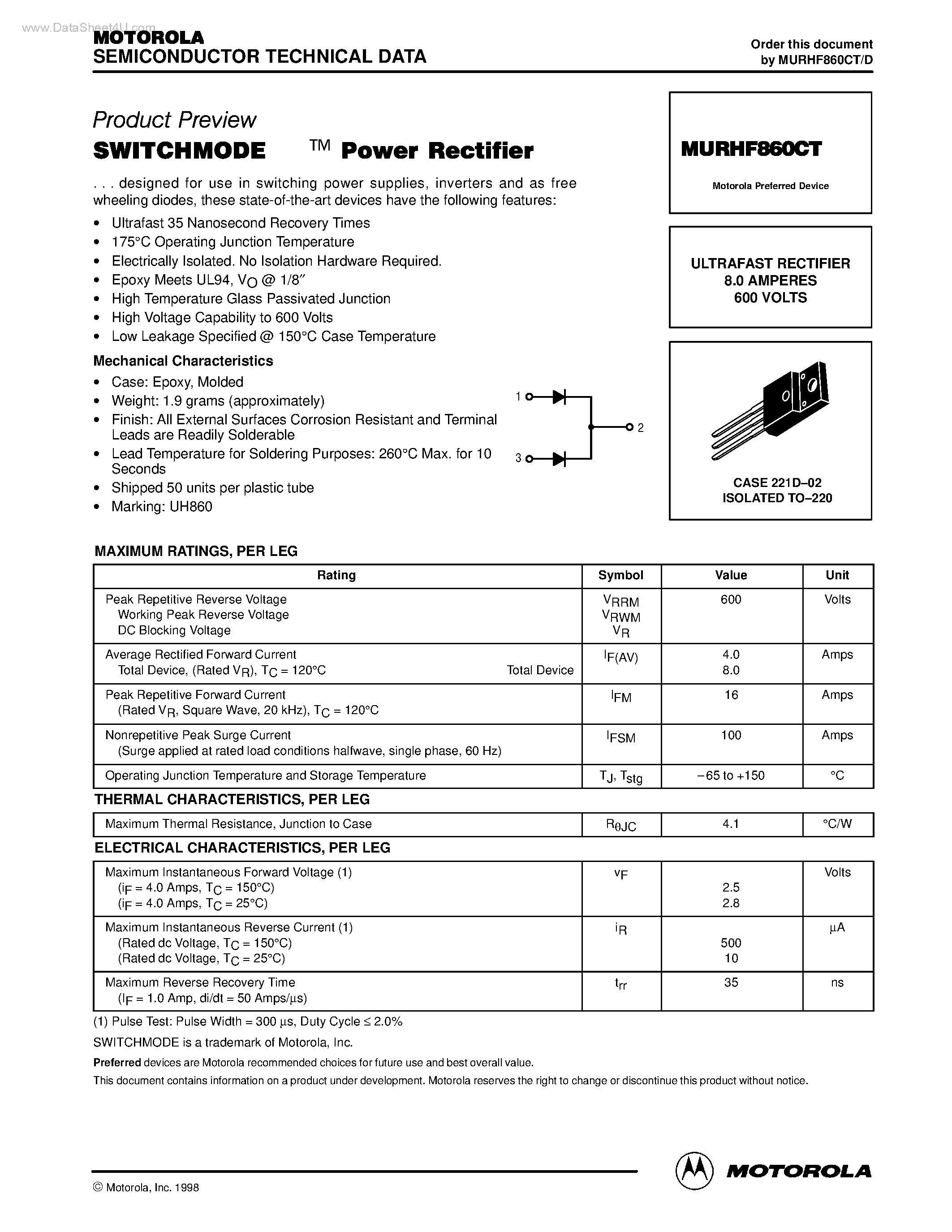 Даташит MURHF860CT - ULTRAFAST RECTIFIER страница 1
