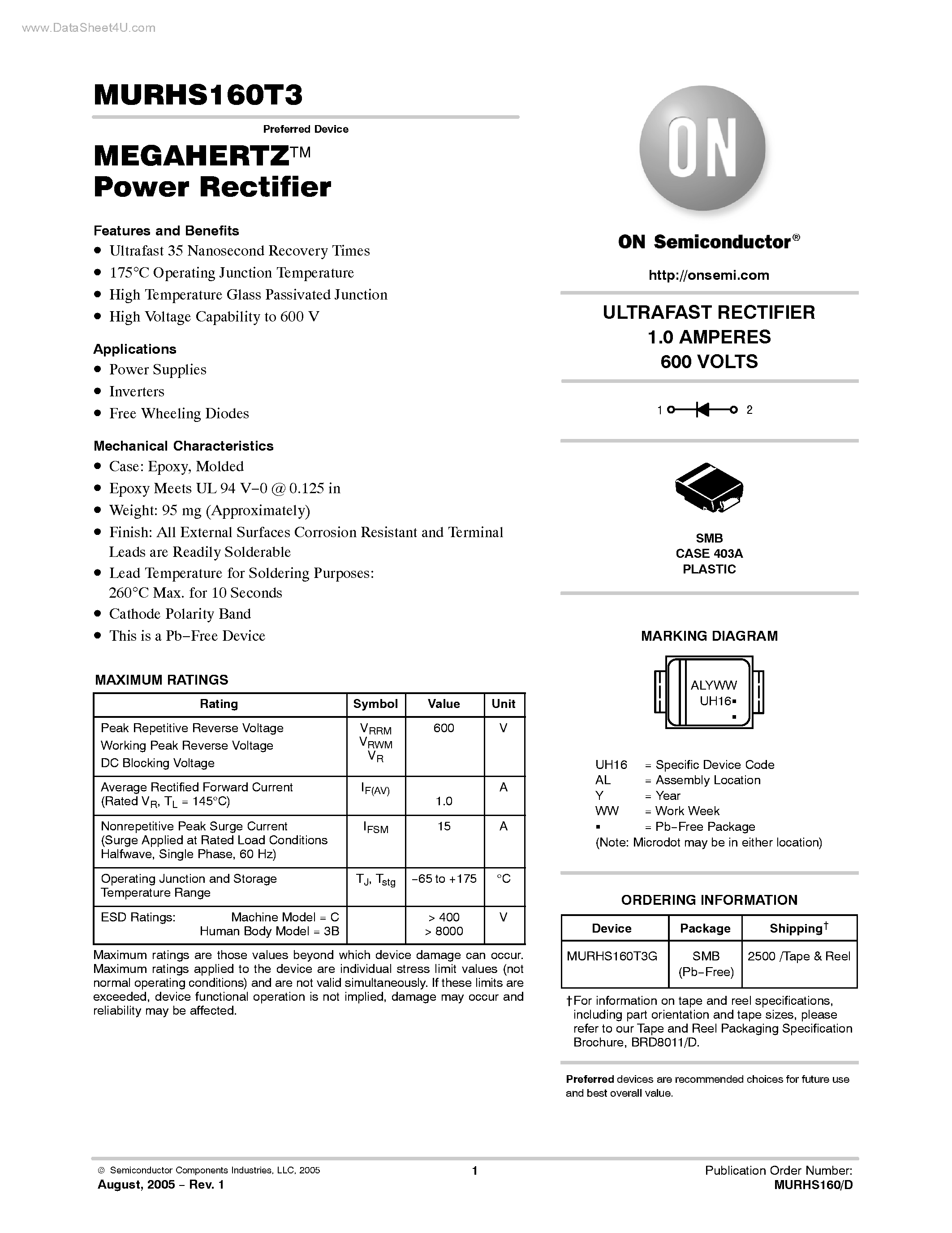 Даташит MURHS160T3 - ULTRAFAST RECTIFIER страница 1