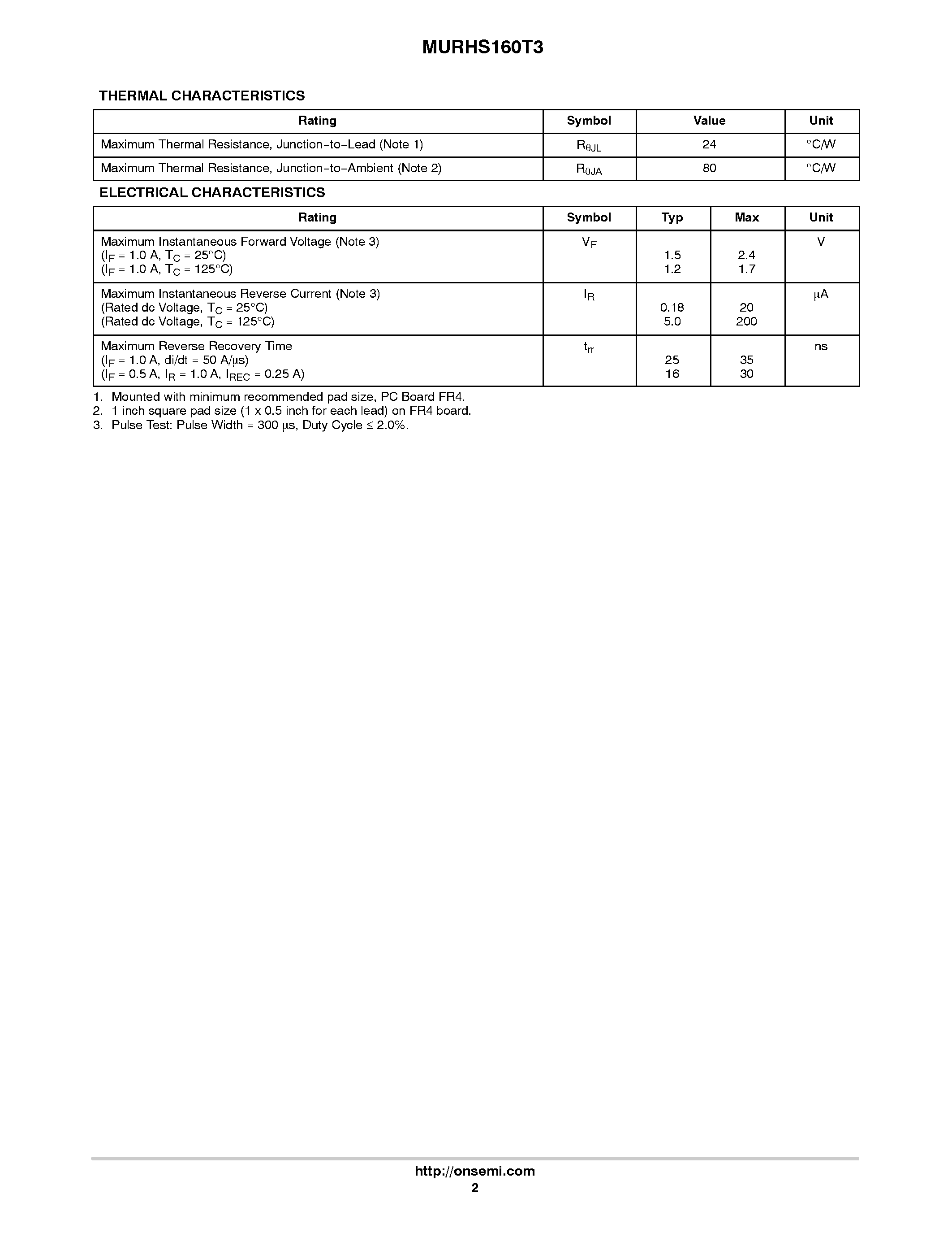 Даташит MURHS160T3 - ULTRAFAST RECTIFIER страница 2