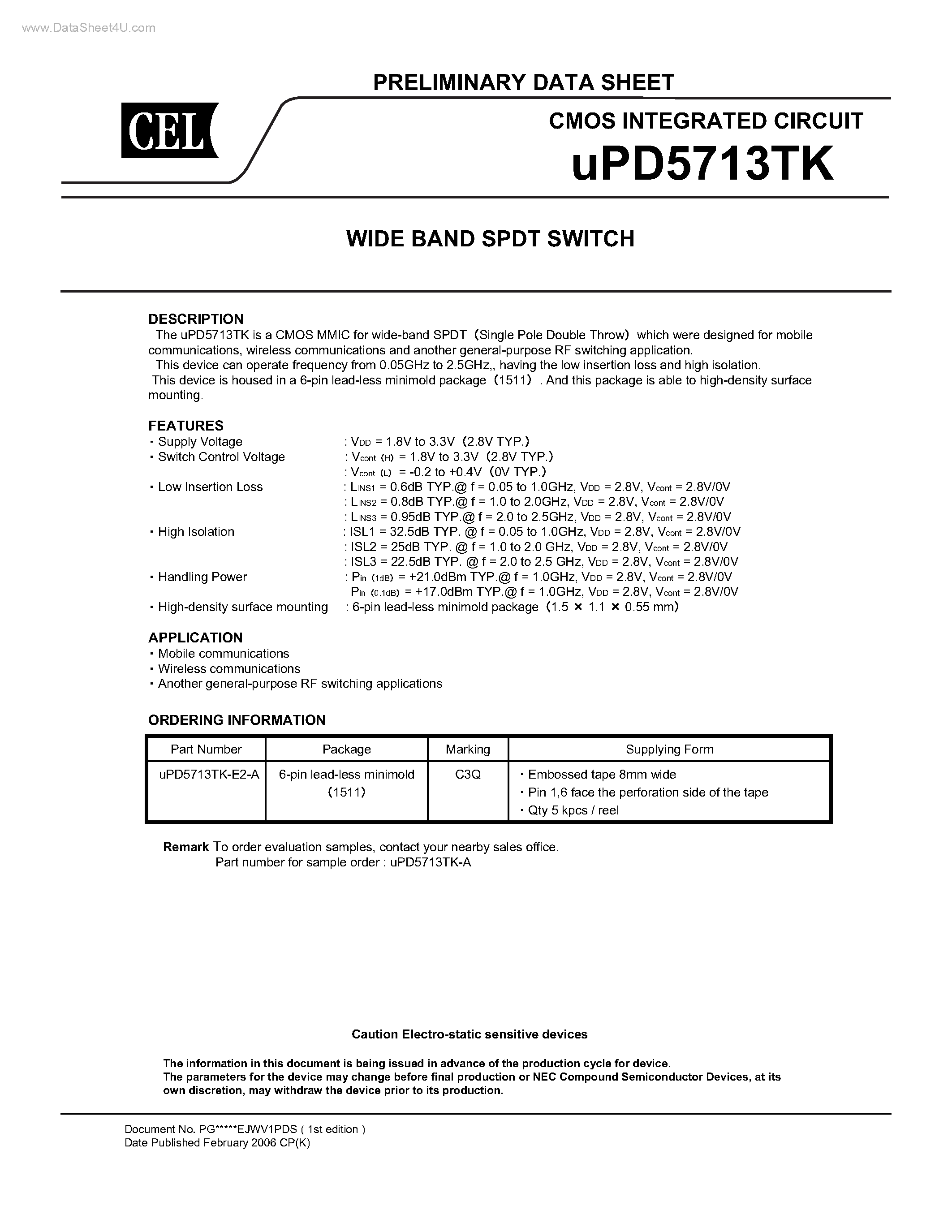 Datasheet UPD5713TK - WIDE BAND SPDT SWITCH page 1