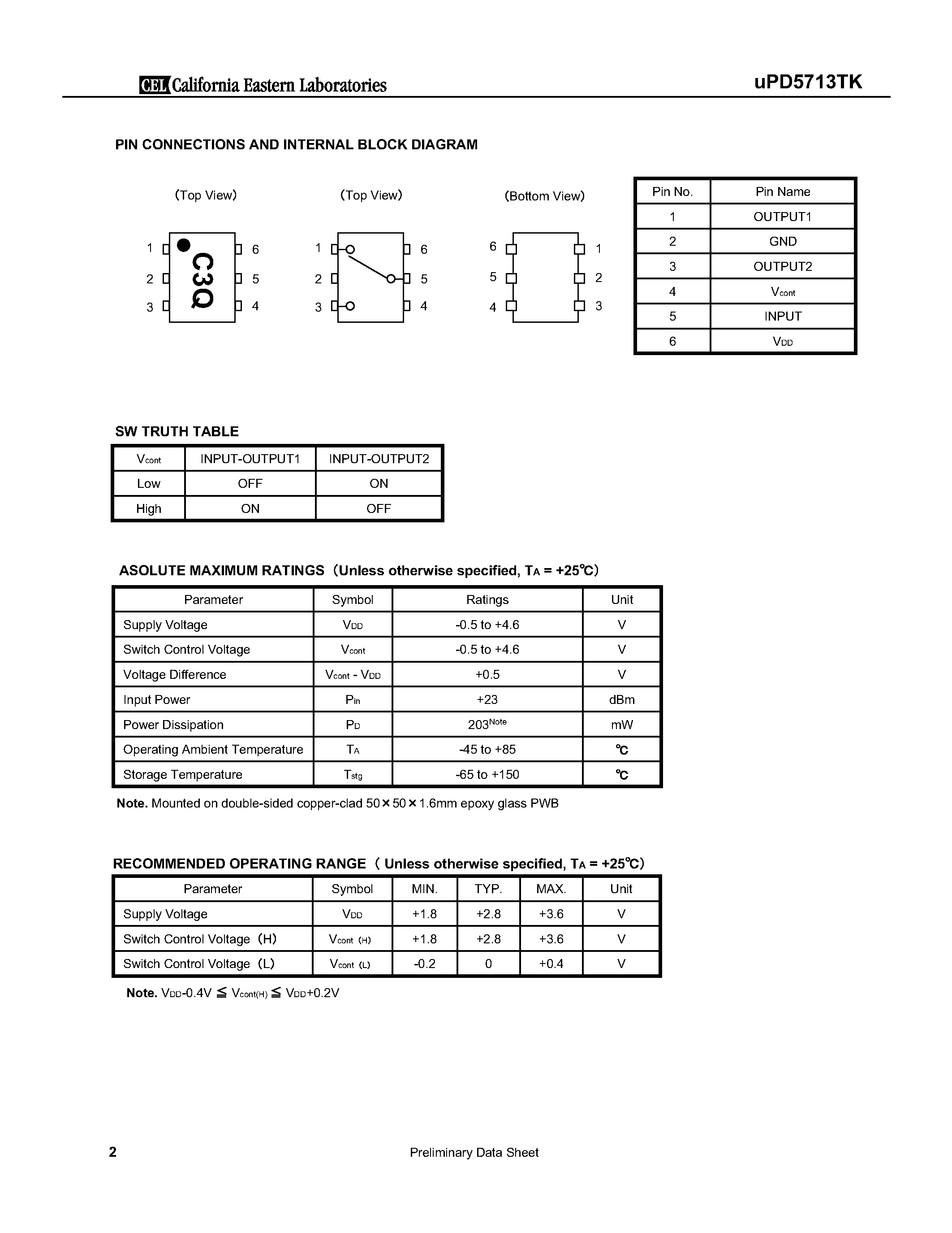Datasheet UPD5713TK - WIDE BAND SPDT SWITCH page 2