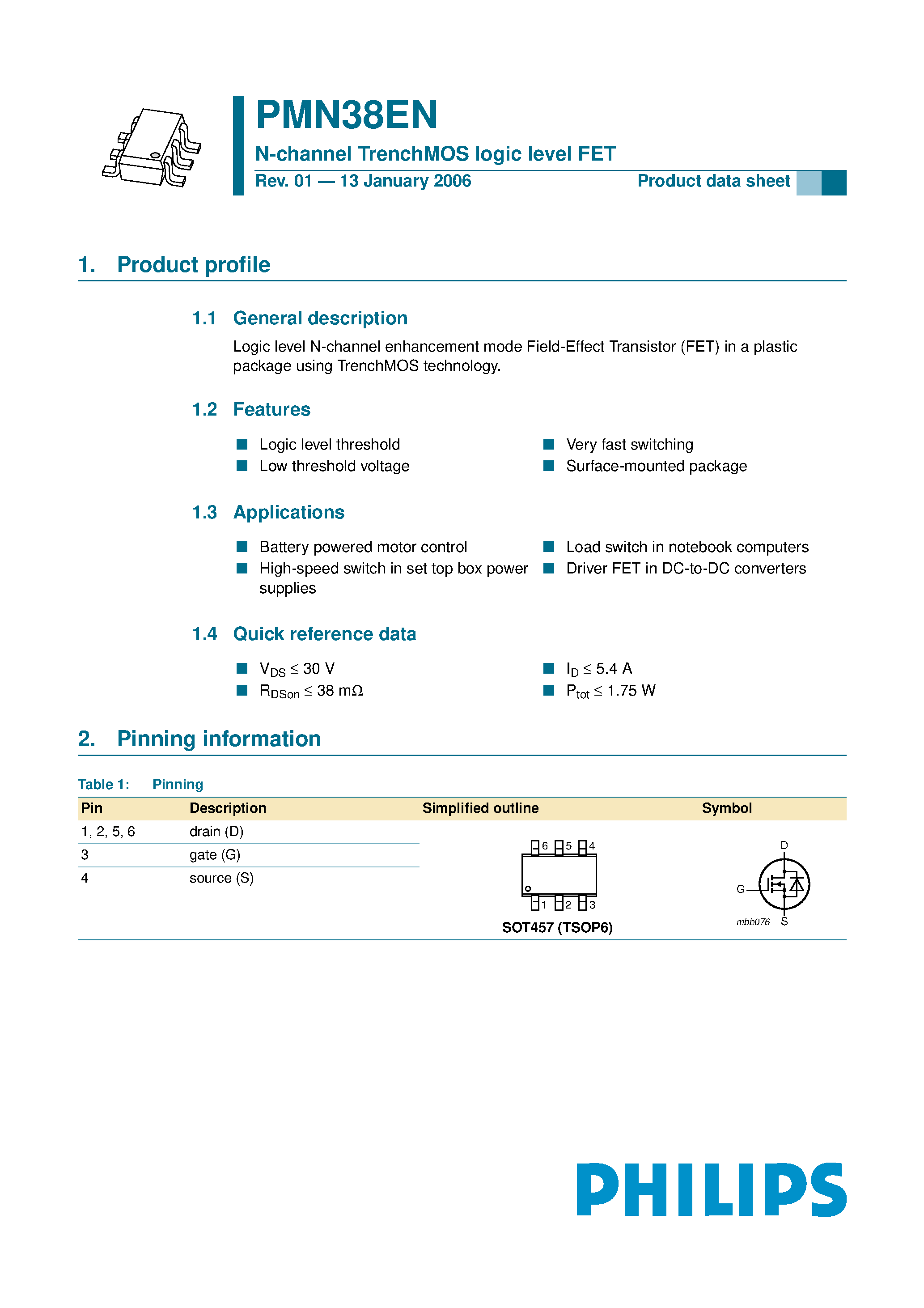 Datasheet PMN38EN page 1 Datasheet PMN38EN - N-channel TrenchMOS logic level FET page 1