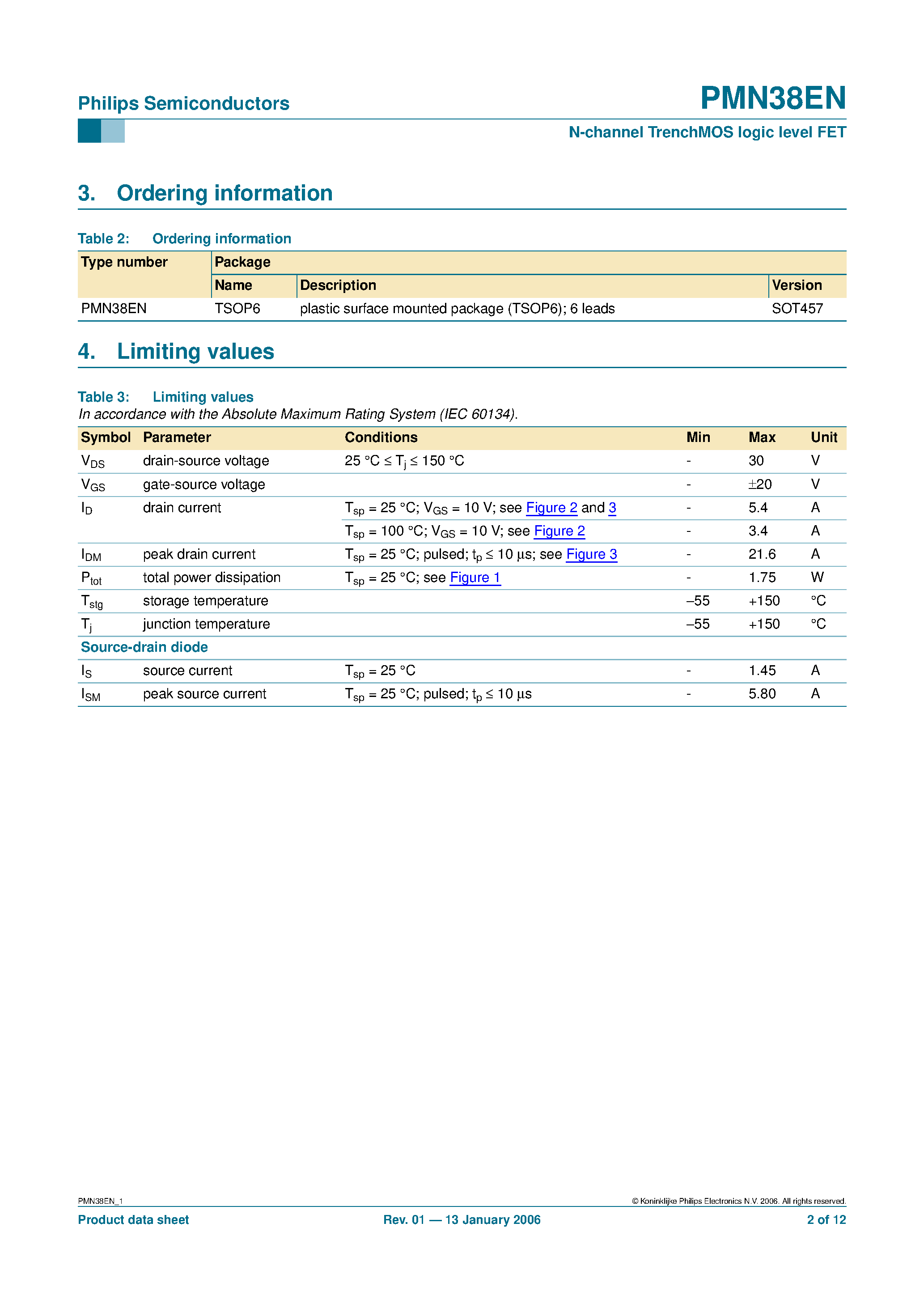 Datasheet PMN38EN page 2 Datasheet PMN38EN - N-channel TrenchMOS logic level FET page 2