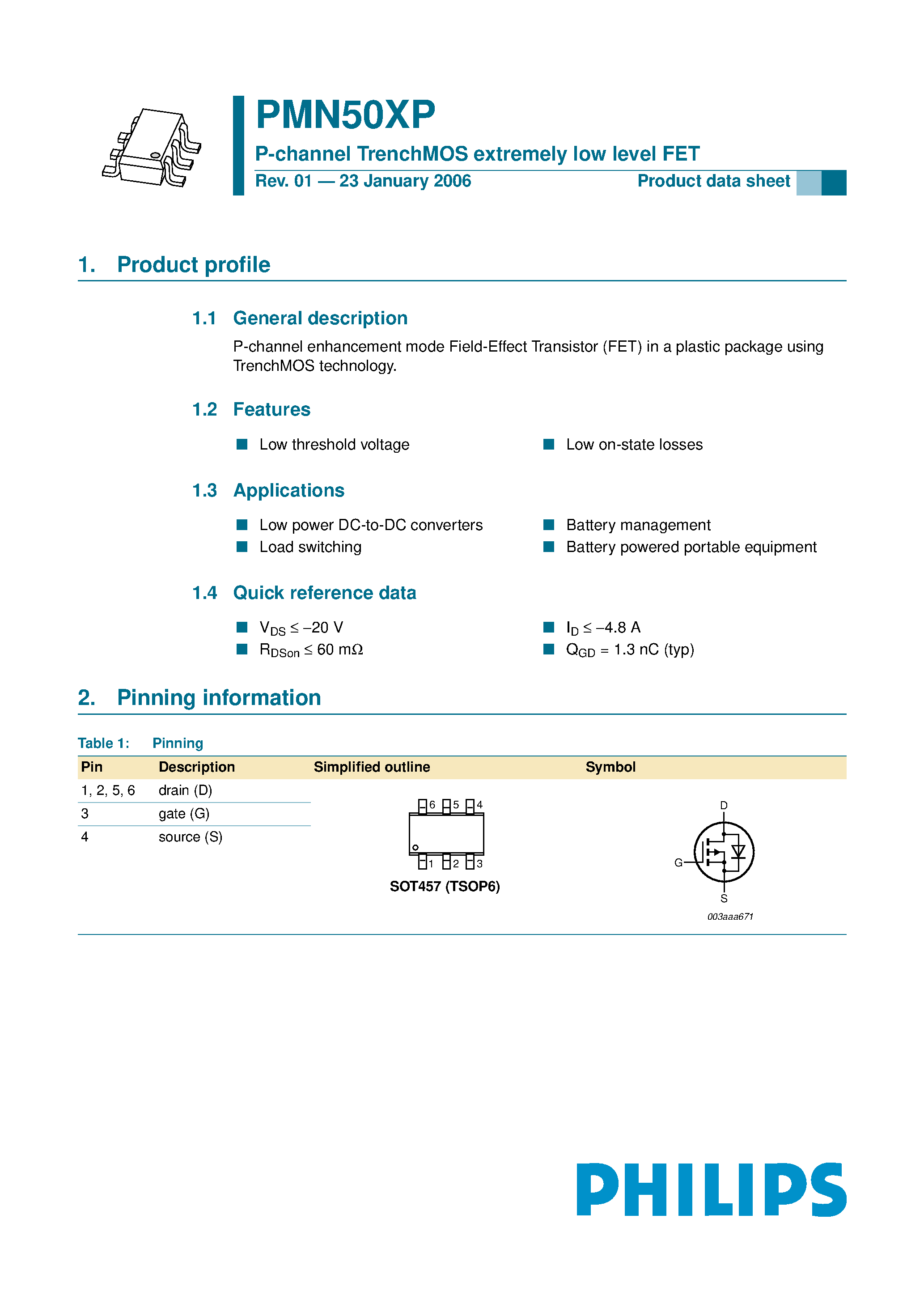 Datasheet PMN50XP - P-channel TrenchMOS extremely low level FET page 1