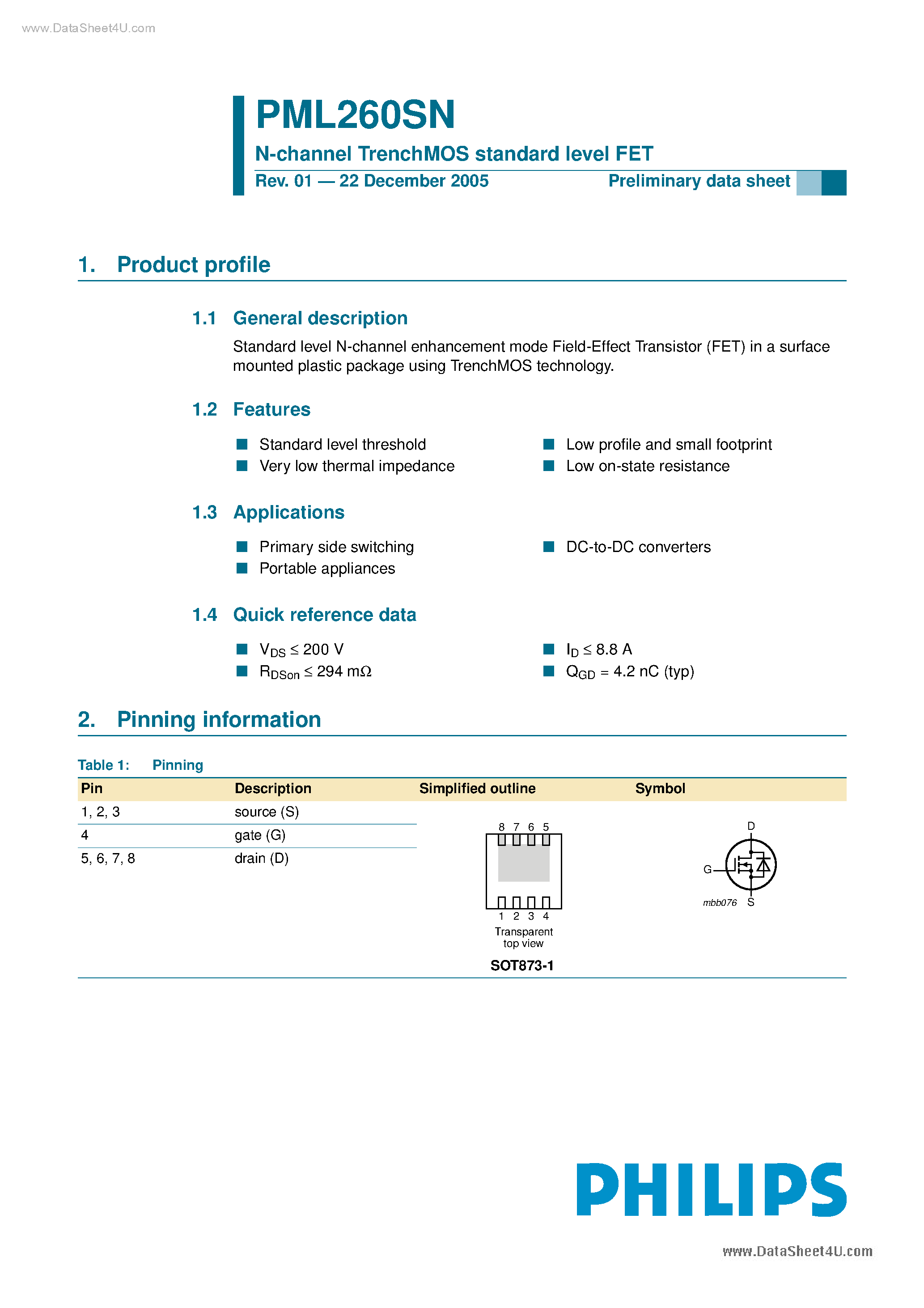 Datasheet PML260SN page 1 Datasheet PML260SN - N-channel TrenchMOS standard level FET page 1