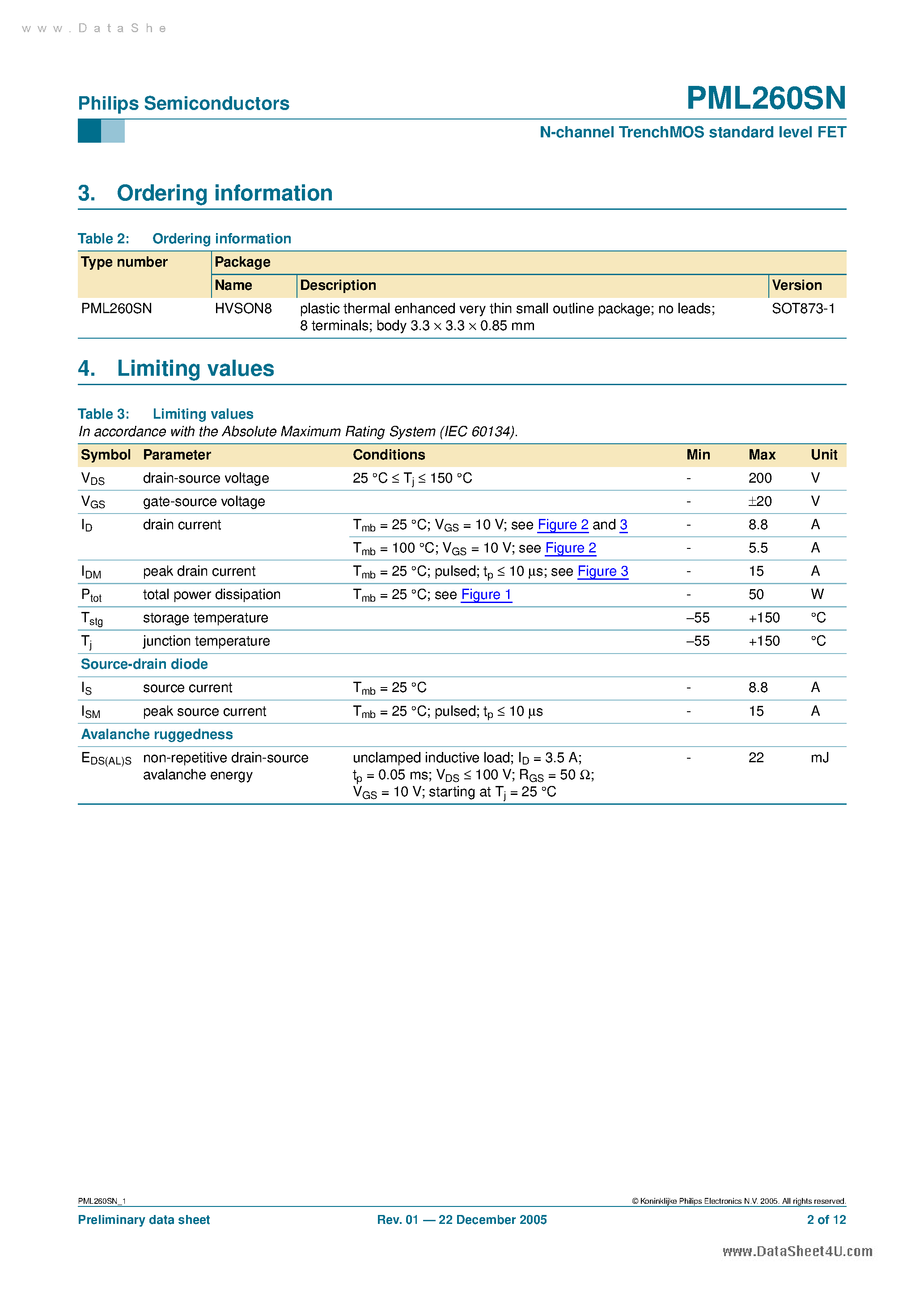 Datasheet PML260SN page 2 Datasheet PML260SN - N-channel TrenchMOS standard level FET page 2