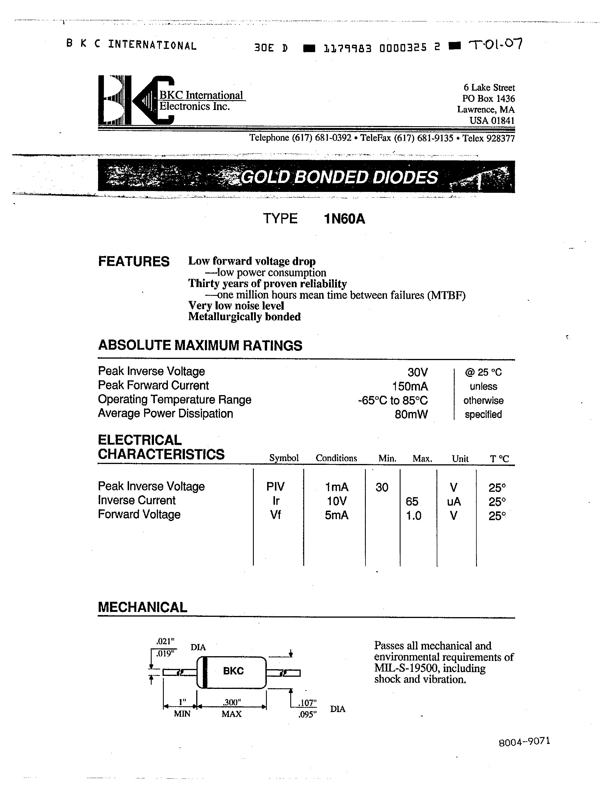 Datasheet 1N70 - (1N7x) GOLD BONDED DIODES page 1