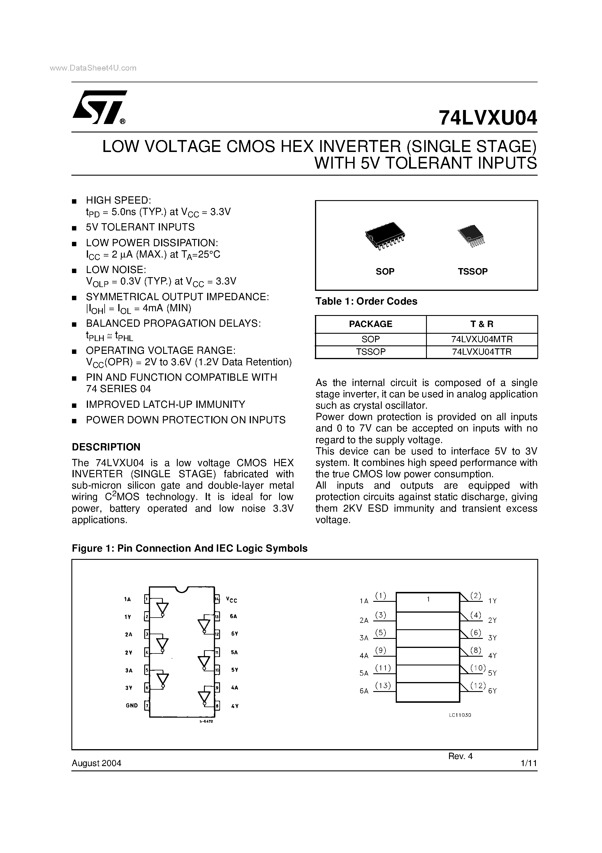 Datasheet 74LVXU04 - LOW VOLTAGE CMOS HEX INVERTER page 1