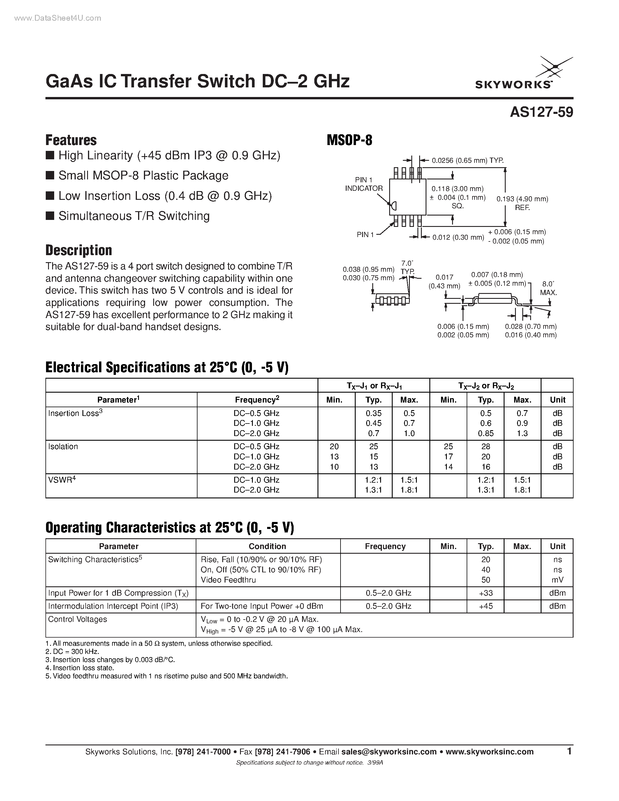 Даташит AS127-59 - GaAs IC Transfer Switch страница 1