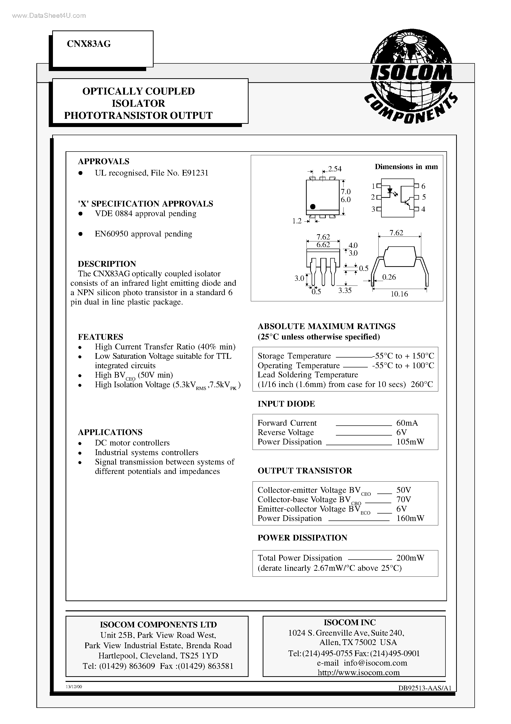 Даташит на микросхему CNX83AG страница 1 Даташит CNX83AG - OPTICALLY COUPLED ISOLATOR PHOTOTRANSISTOR OUTPUT страница 1
