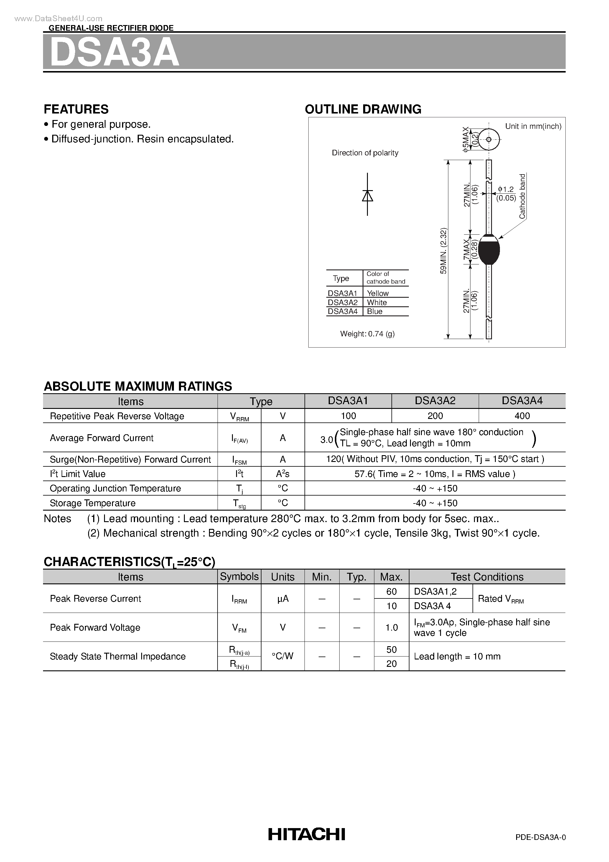 Datasheet DSA3A page 1 Datasheet DSA3A - GENERAL-USE RECTIFIER DIODE page 1