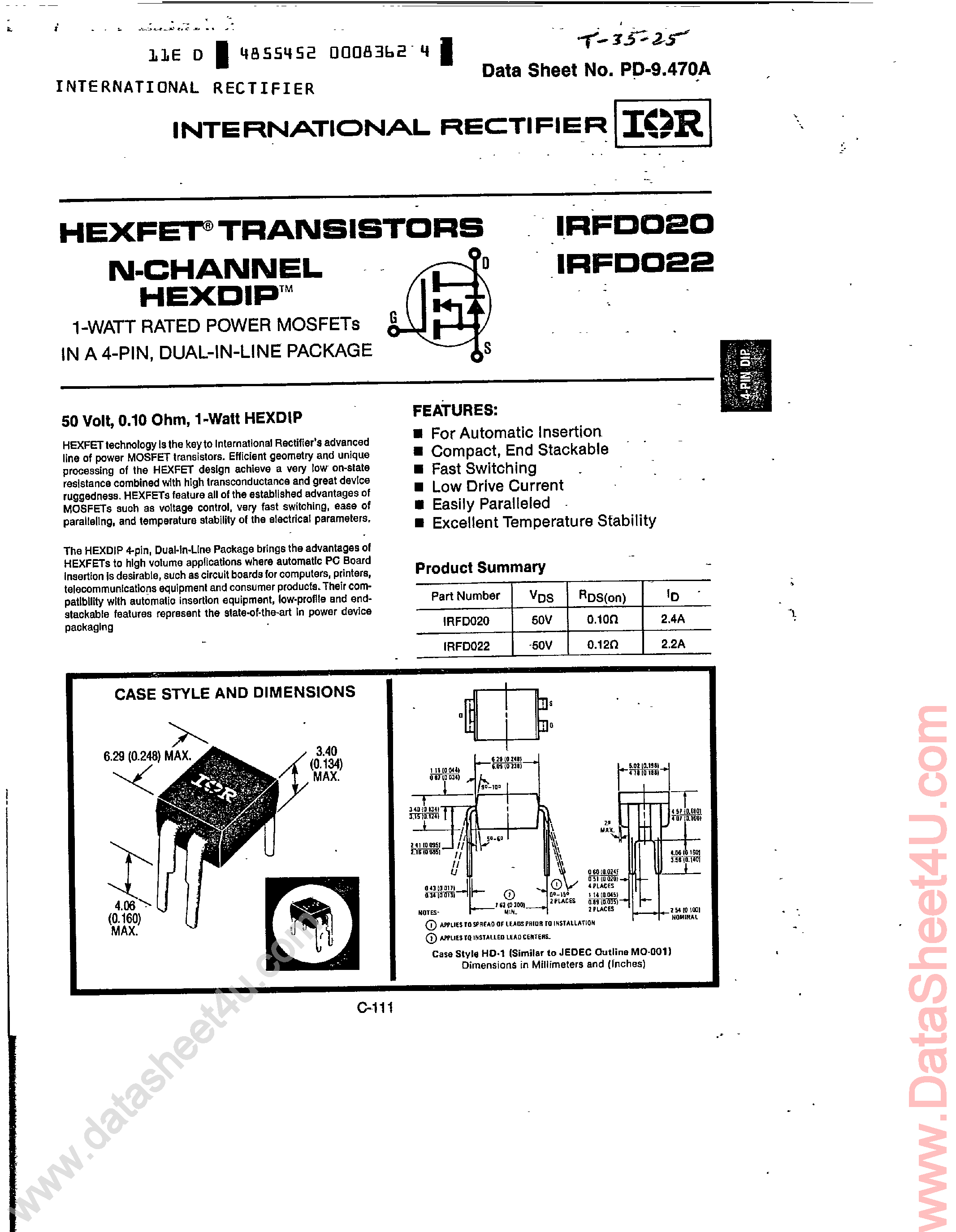 Datasheet IRFD020 - (IRFD020 / IRFD022) HEXFET TRANSISTORS N-CHANNEL HEXDIP page 1