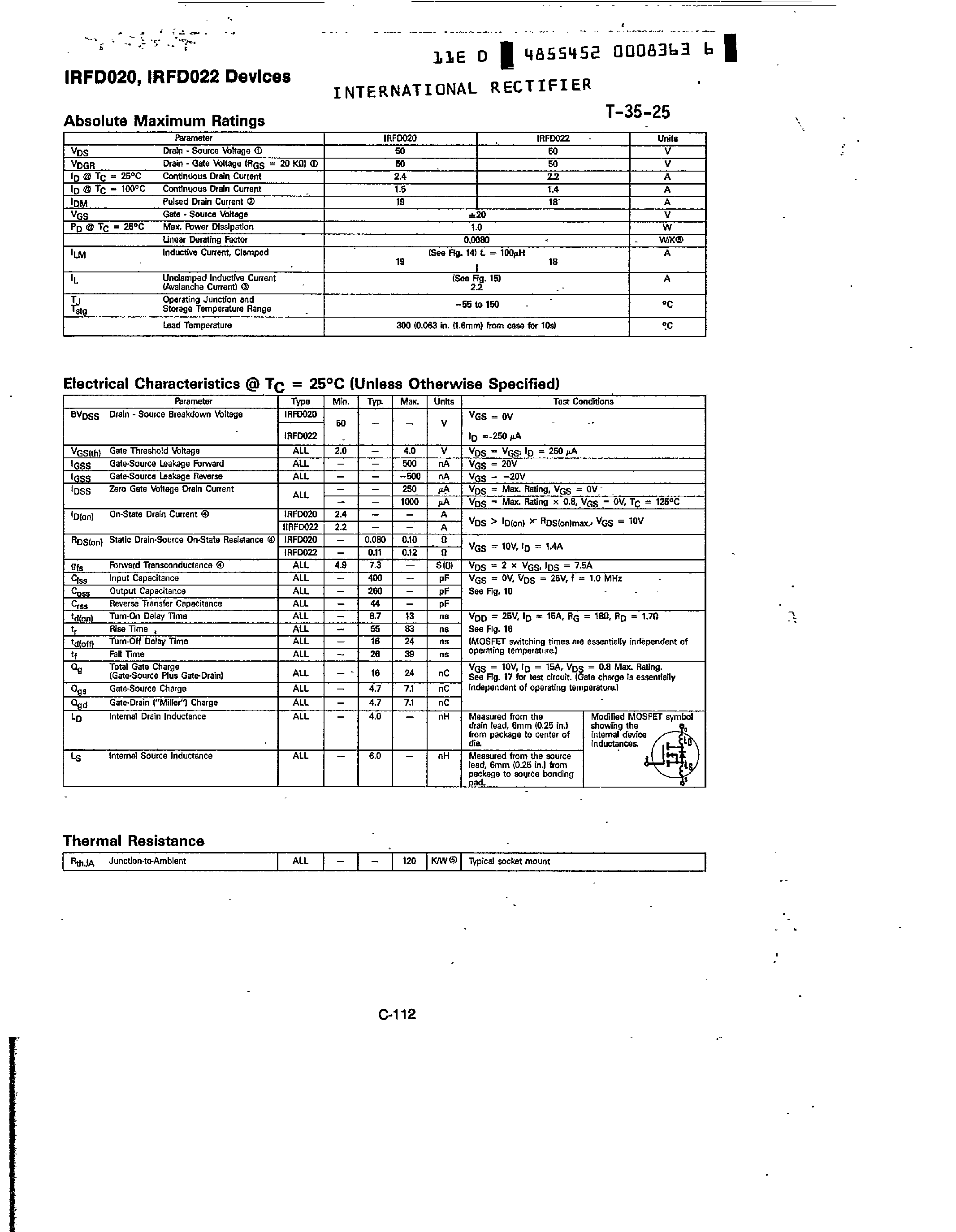Datasheet IRFD020 - (IRFD020 / IRFD022) HEXFET TRANSISTORS N-CHANNEL HEXDIP page 2