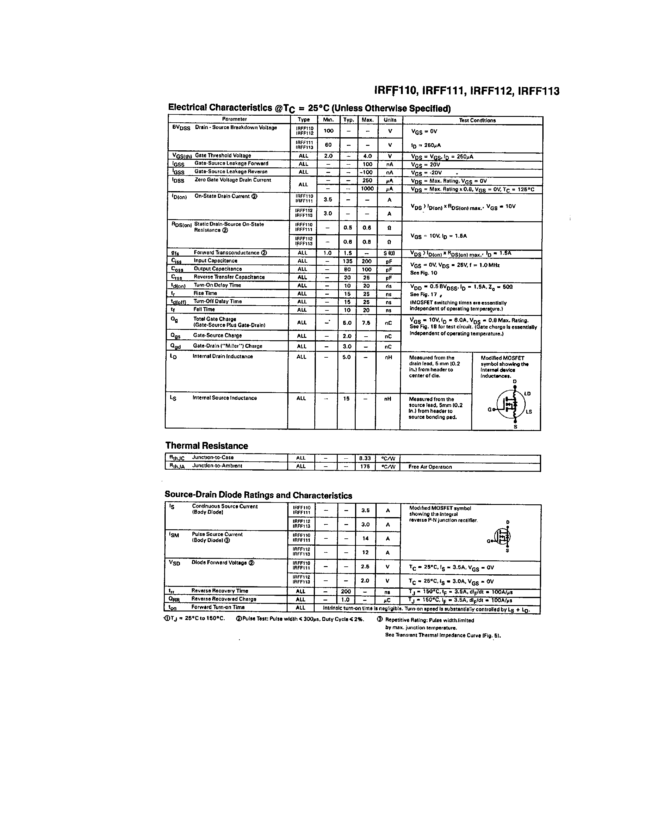 Datasheet IRFF110 page 2 Datasheet IRFF110 - (IRFF110 - IRFF113) Power MOS Field-Effect Transistors page 2