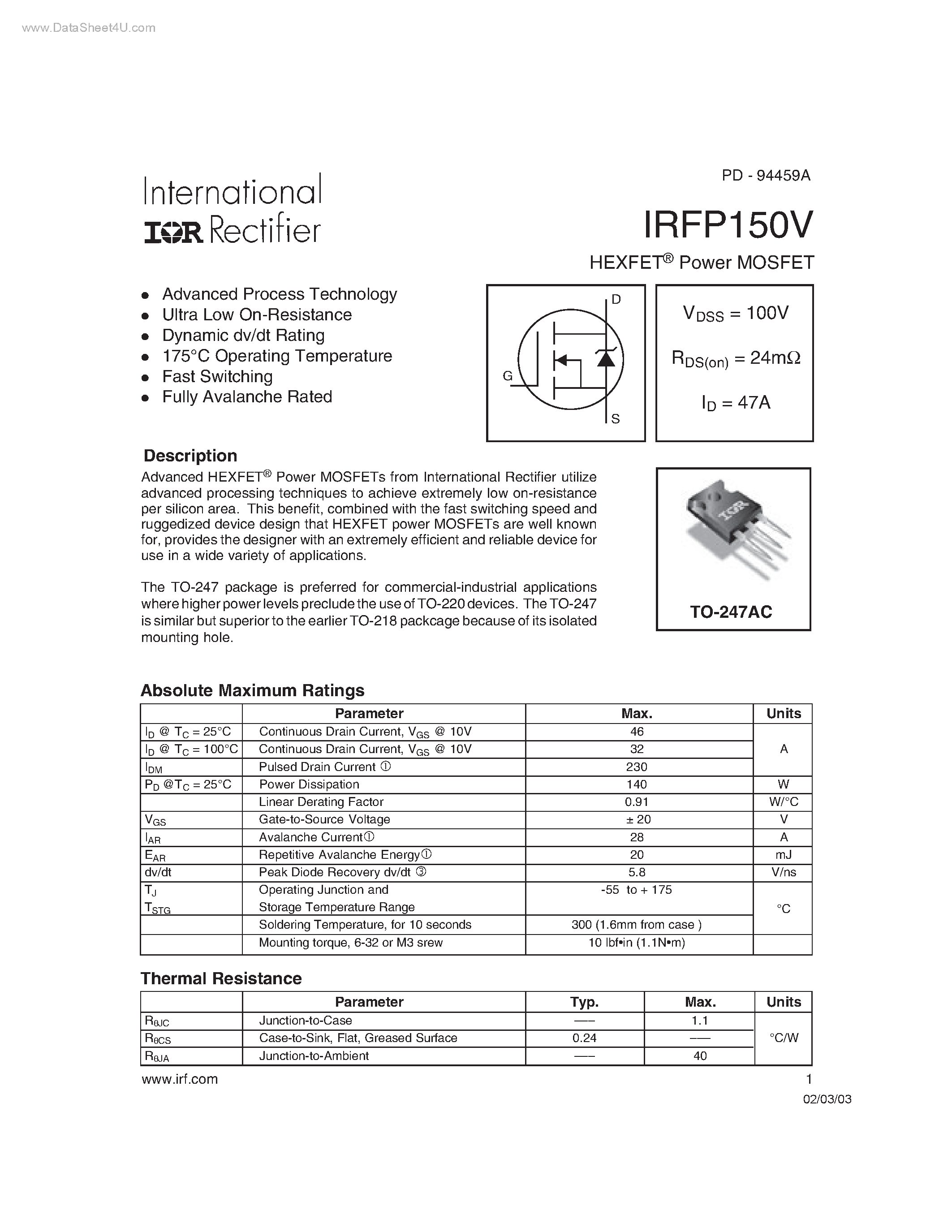 Даташит IRFP150V - HEXFET Power MOSFET страница 1