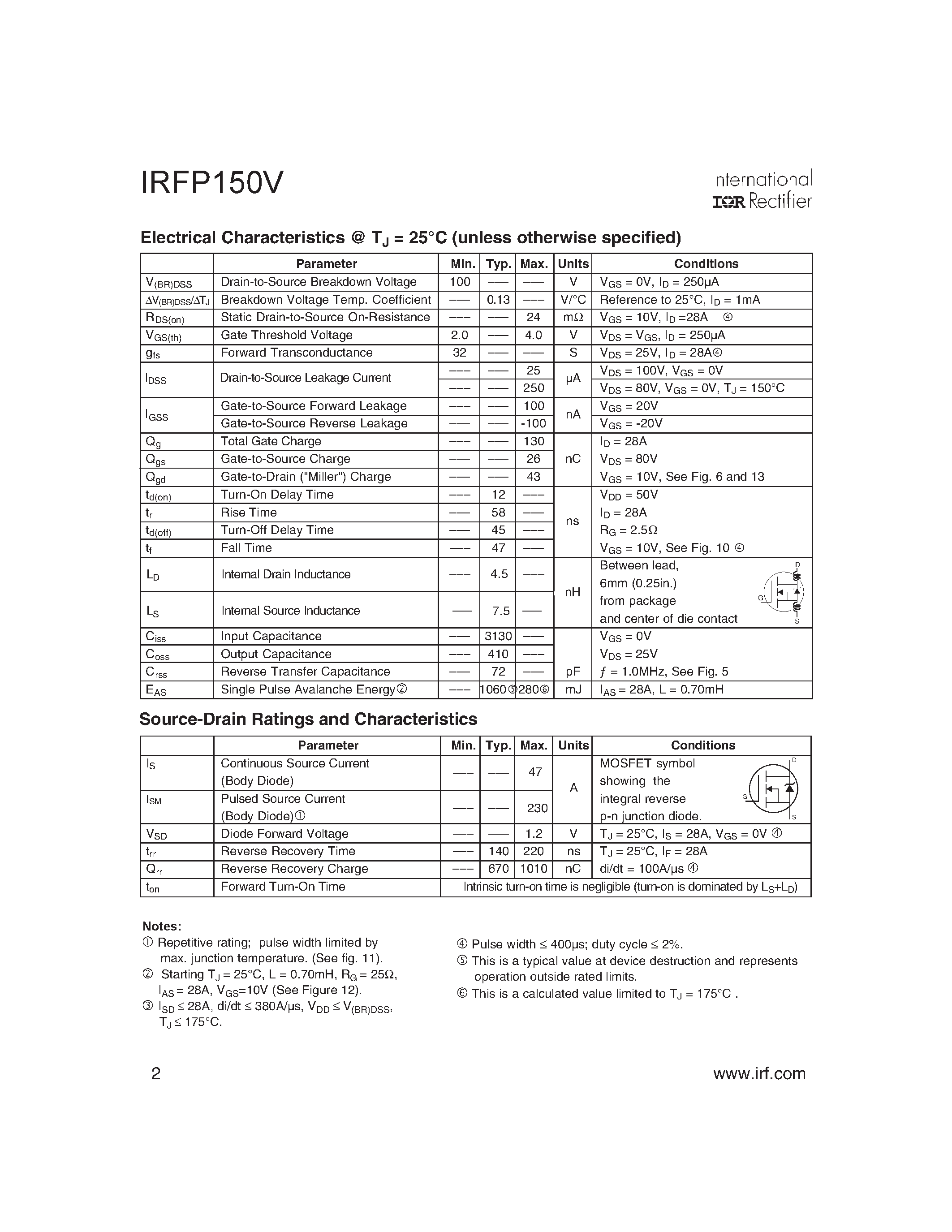 Даташит IRFP150V - HEXFET Power MOSFET страница 2
