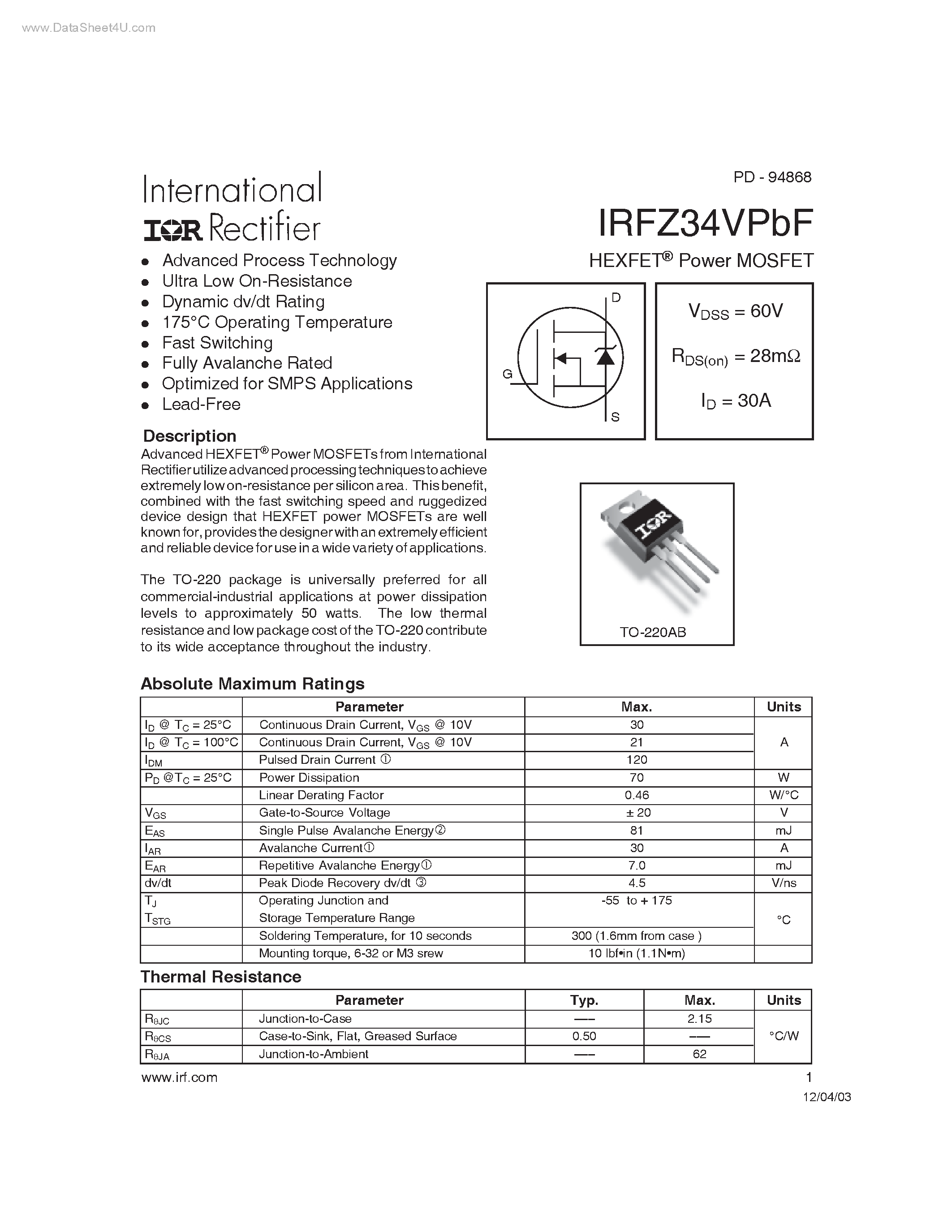 Datasheet IRFZ34VPBF - HEXFET Power MOSFET page 1
