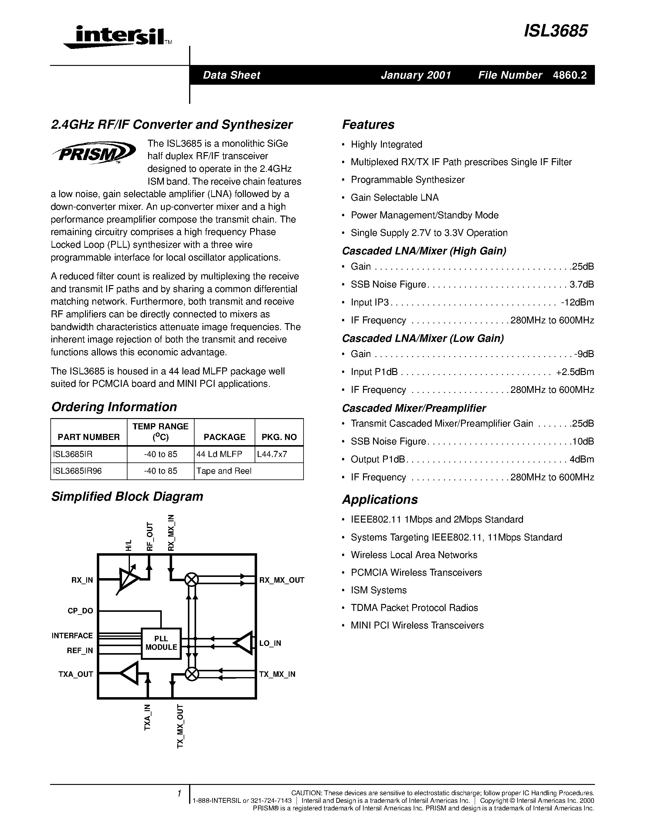 Даташит ISL3685 - RF/IF Converter and Synthesizer страница 1
