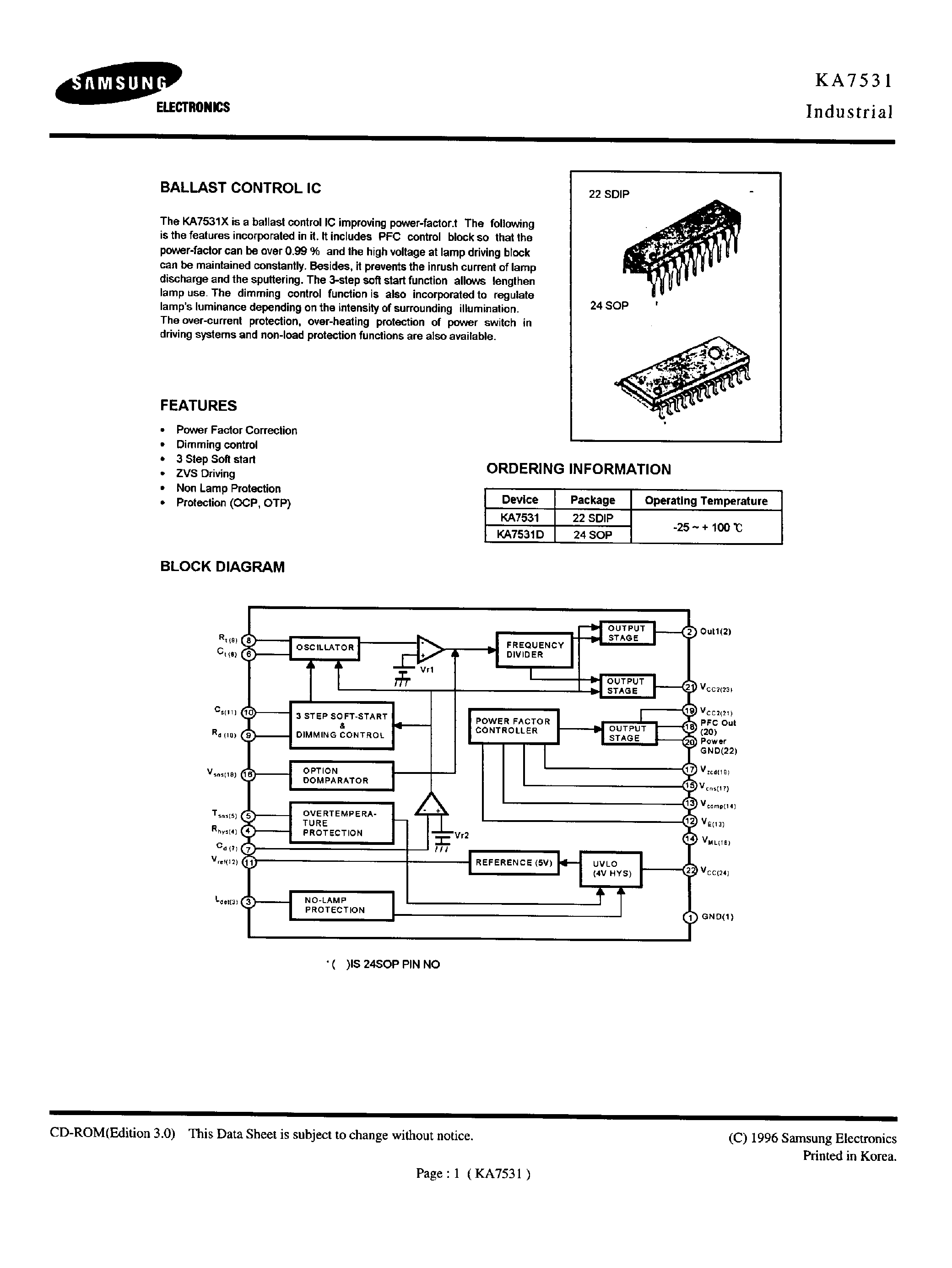 Даташит KA7531 - BALLAST CONTROL IC страница 1